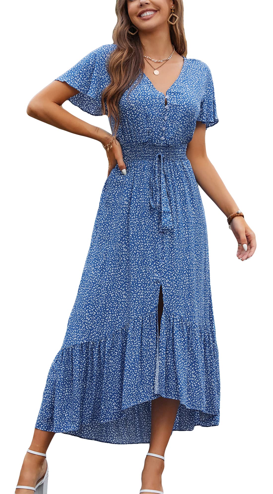 DGMYG Womens V Neck Buttons Short Sleeve Elastic Waist Split High Low Flowy Summer Casual Long Maxi Dress