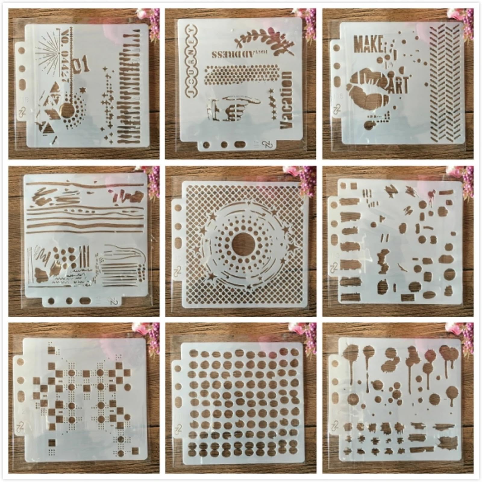 Schablonen zum Malen, Vintage-Geometrie-Wörter, wiederverwendbar, für Holz, Wand, Stoff, Stein, Kreidetafel, Beschilderung, Kunstprojekte für Kartenherstellung, 9 Stück