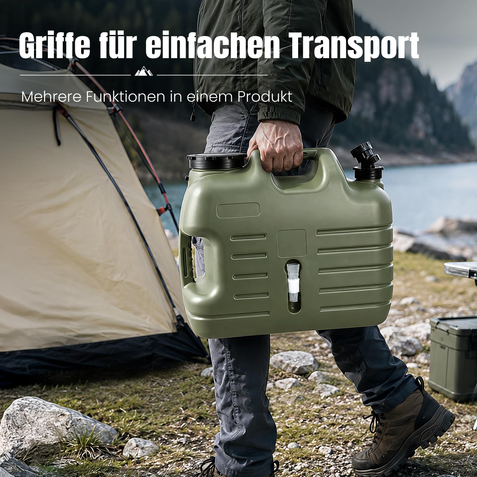 Wasserbehälter, Outdoor-Wasserkanister, auslaufsichere Wasserspeicherung, BPA-freier tragbarer Wasserbehälter mit Zapfhahn für Camping, Outdoor-Aktivitäten und Notfälle, Militärgrün (11 L)