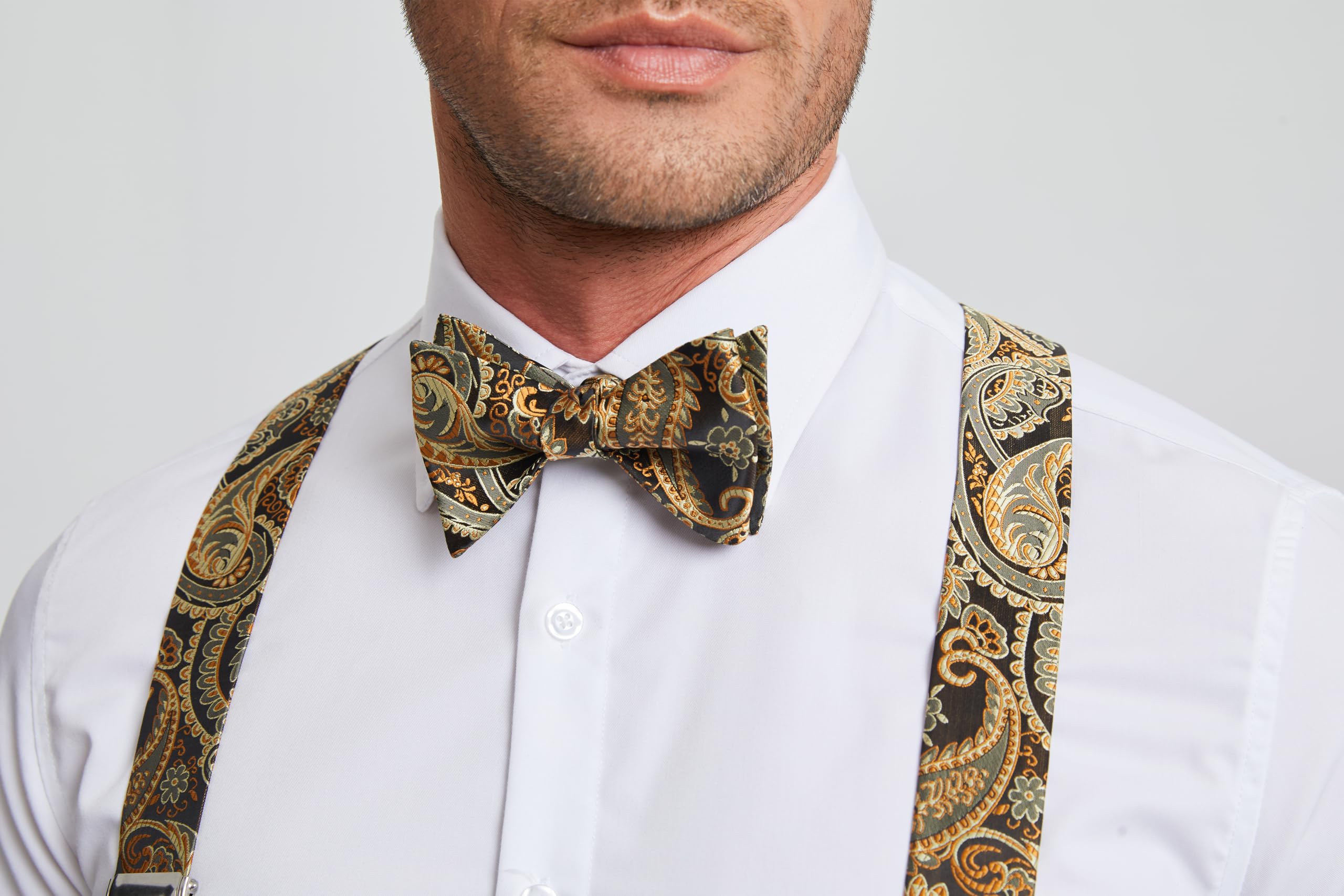 HISDERN Hosenträger für Herren breit Fliege Einstecktuch Set elastisch und längenverstellbar in verschiedenen Designs