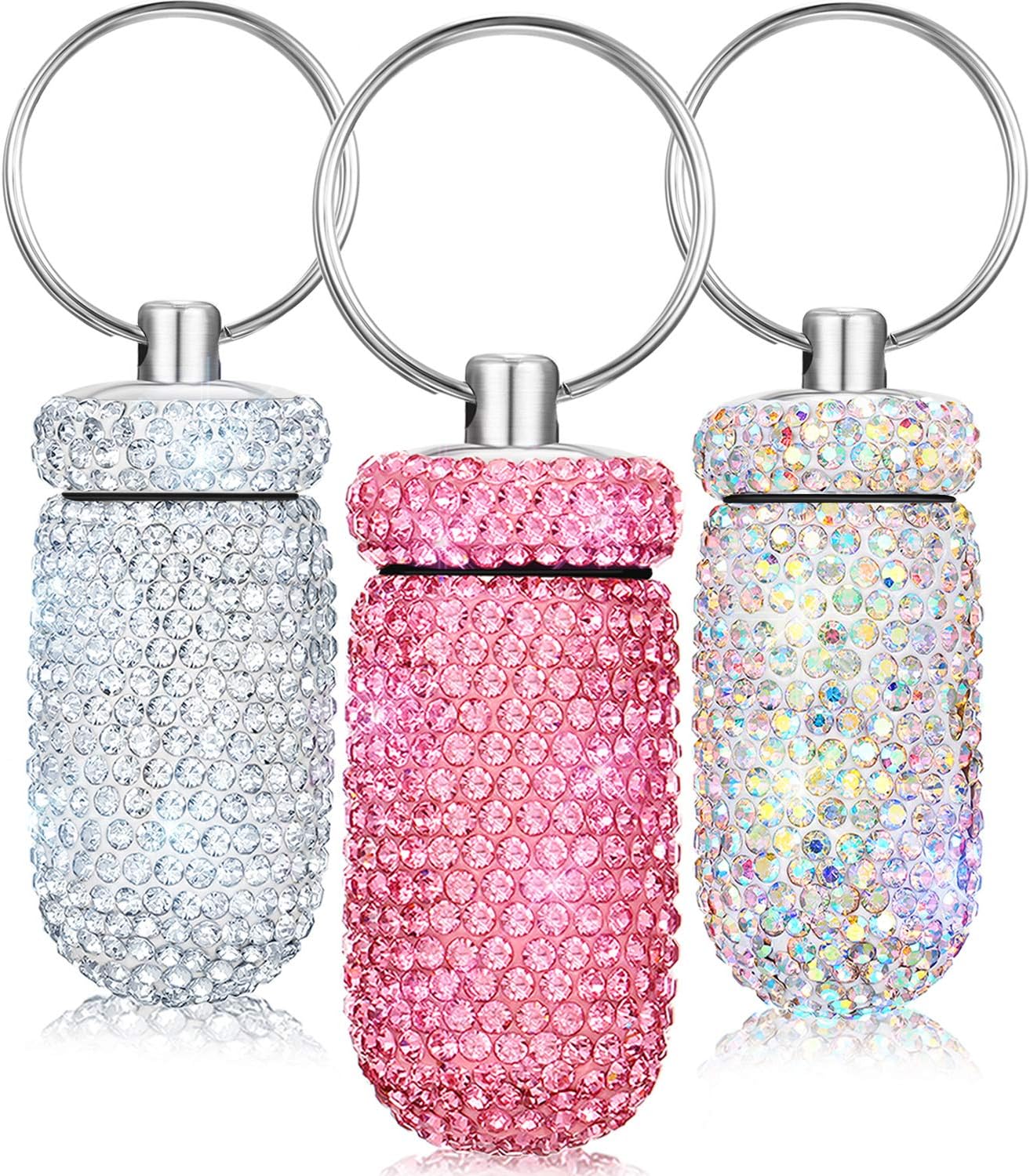 Patelai3 Pieces Bling Pill Container Portable Pill Bottle Case Travel Pill Holder Storage with Keychain for Outdoor Camping Traveling (White, Pink, AB Color)