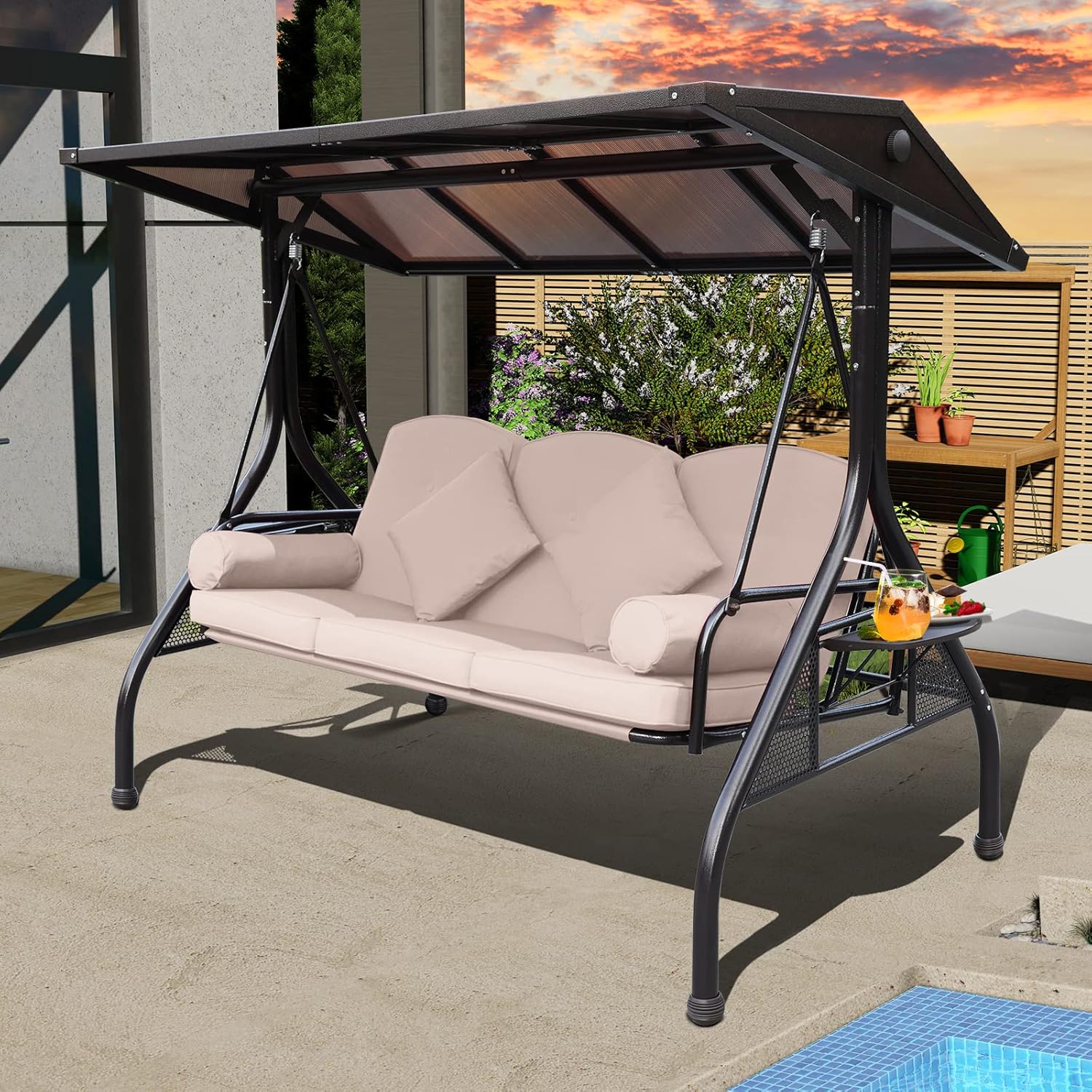 NOBLEMOOD Outdoor Porch Swing with Polycarbonate Hardtop, 3