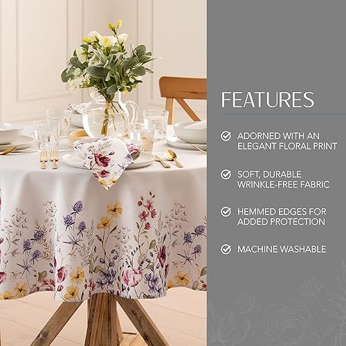 Miniatura 3 de Elrene Home Fashions Mantel de tela con borde botánico de flores silvestres de amapola, redondo, 70 x 70 pulgadas