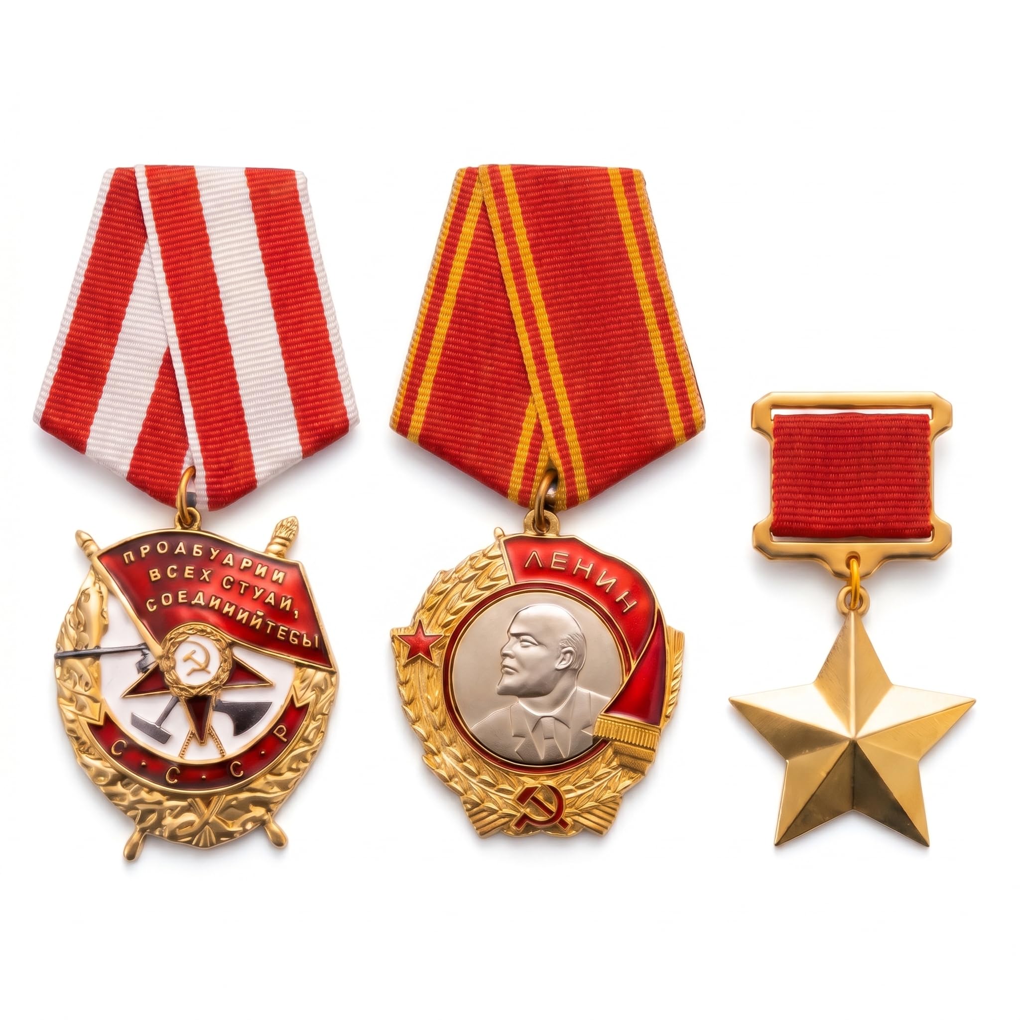 Freecrows Gold Hero Of The Soviet Union, Red Banner Medal & Order Of Lenin Medal Set – Ussr Historical Award Replica