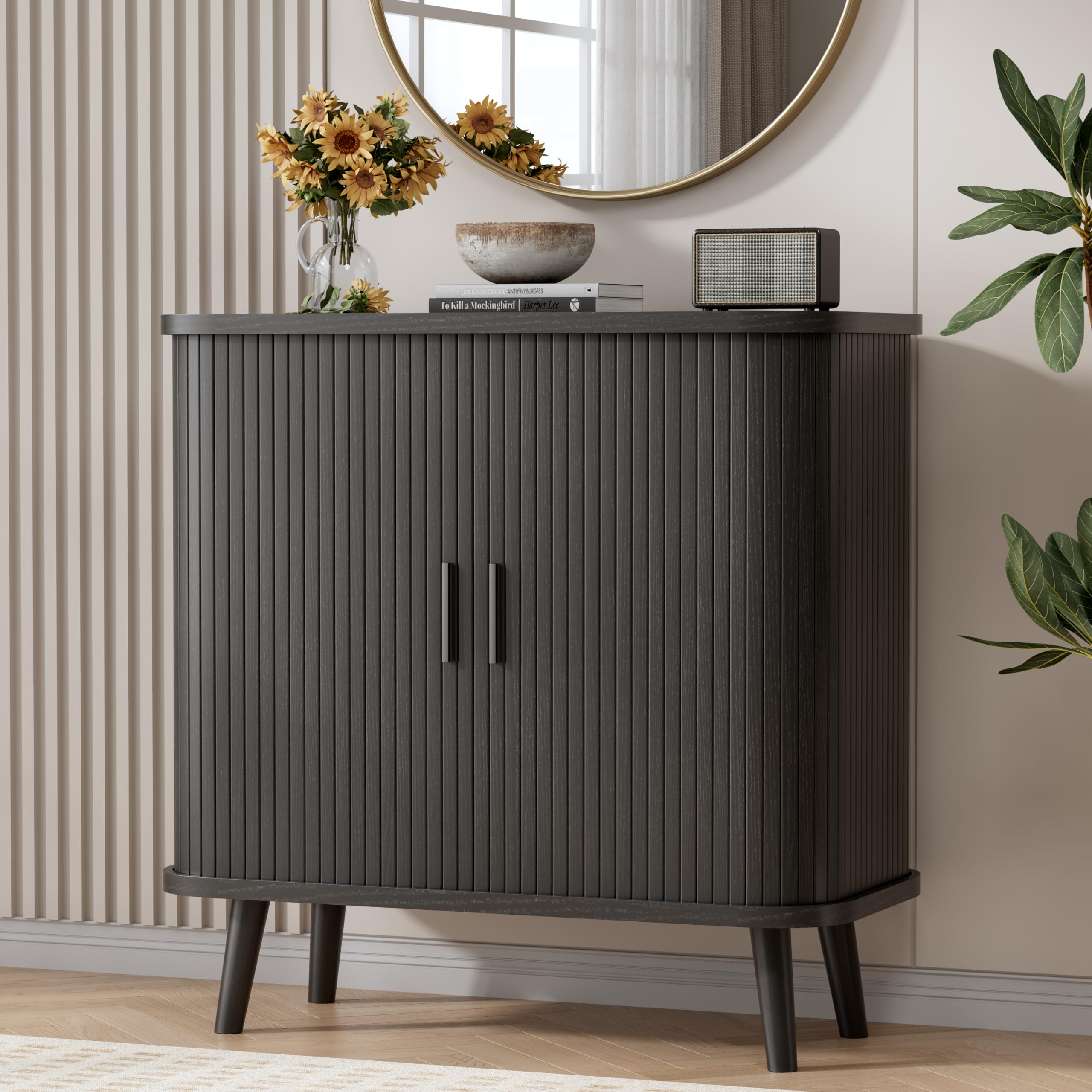 BORNOON Buffet Cabinet with Storage, Curved-Edge Fluted Storage Cabinet Sideboard, Modern Black Sideboard Buffet with Adjustable Shelves &amp; Sliding Door for Dining Room, Kitchen, Entryway