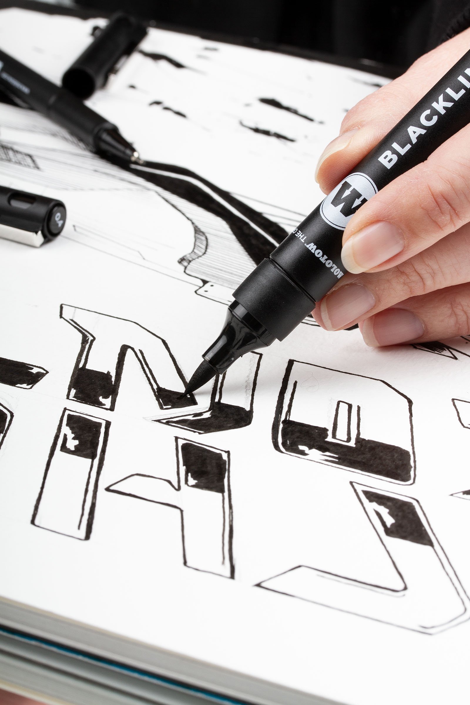 Molotow Brush MO703212 Marker Pędzelkowy, Czarny, 3 sztuki