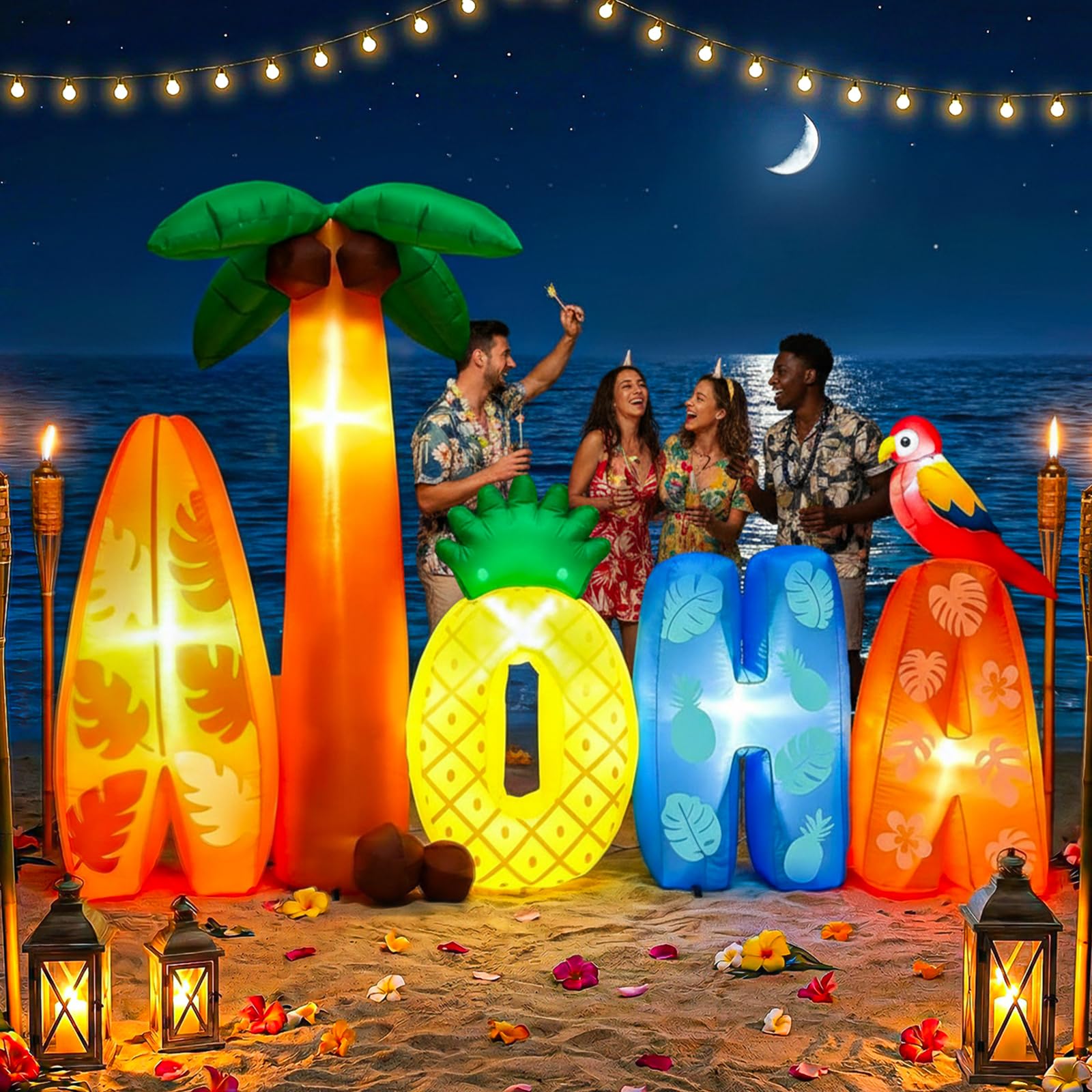 Sonwyoung 6.5 FT Inflatable Aloha Sign with Pre-Lit Lights Palm Tree Pineapple Surfboard Letters Blow Up Luau Decor with Blower Stakes Water Bags for Summer Hawaiian Beach Pool Yard Tropical Party — image 1