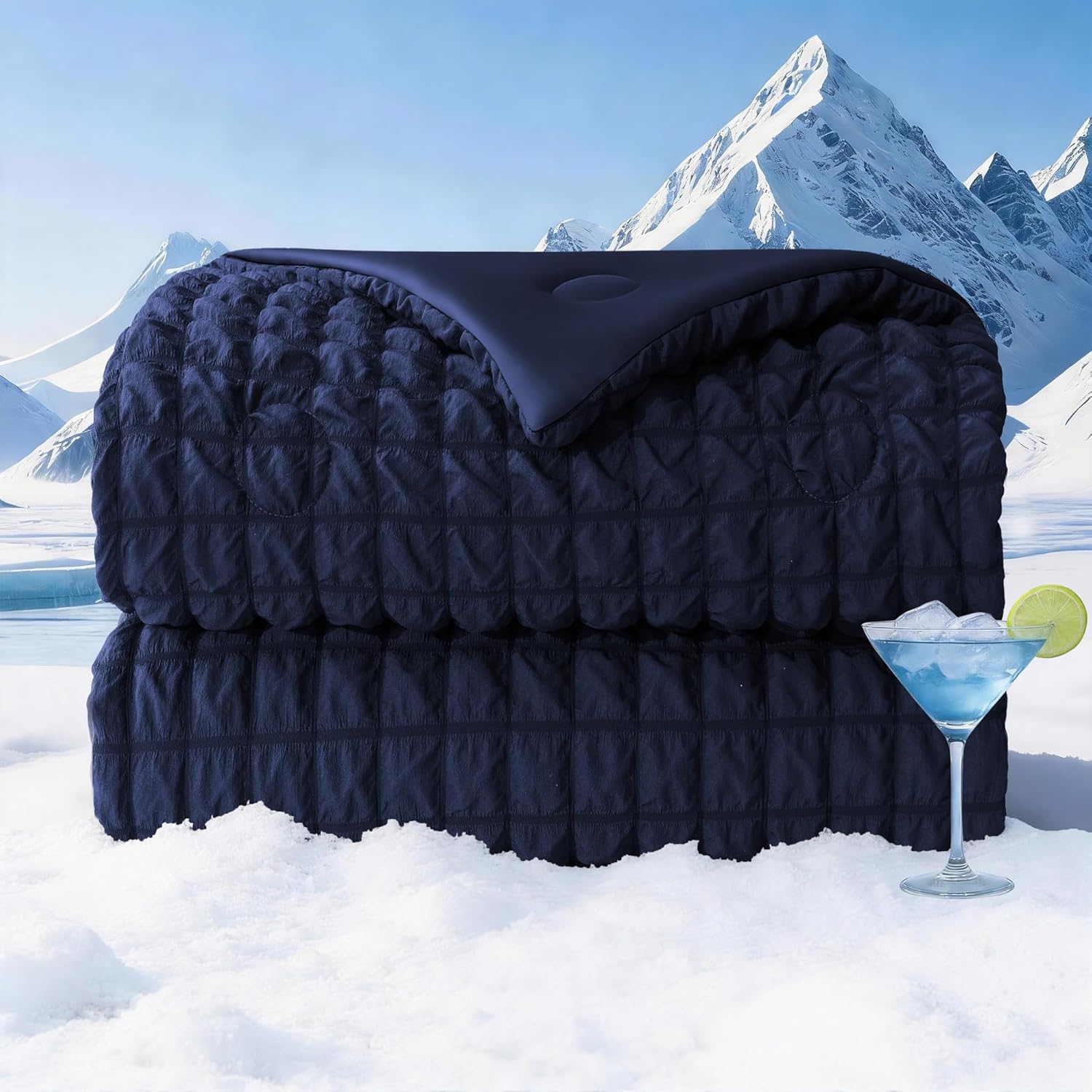 Seersucker Cooling Comforter King Size, Q-Max 0.45 Reversible Cooling Blanket for Hot Sleepers, Breathable Lightweight Silk Smooth Summer Bedding, Quilted Ice Blanket, Navy Blue