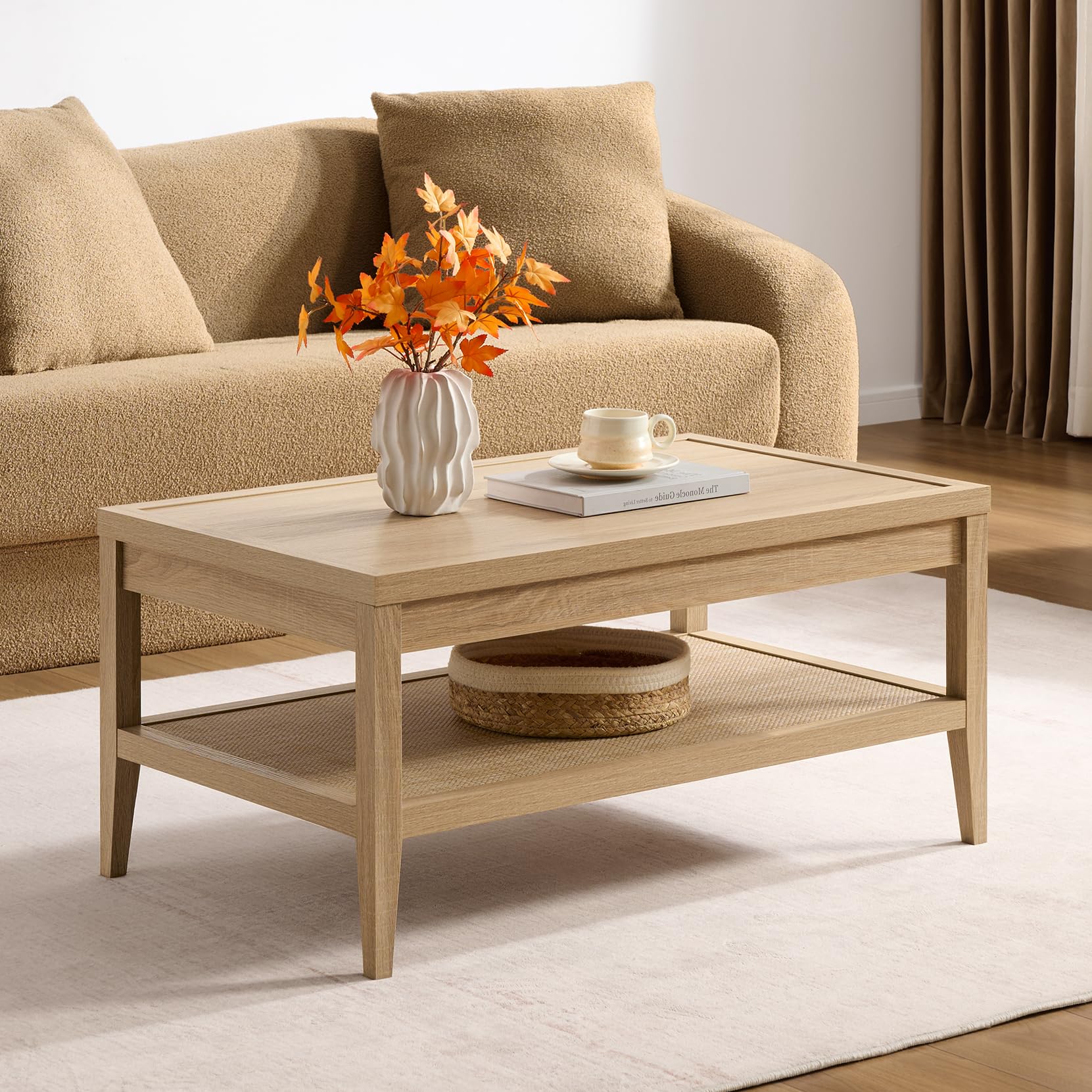 SICOTAS Rattan Coffee Table with Storage 37 5 Large Rectangular Coffee Table with 2-Tier Shelves Farmhouse Boho Center