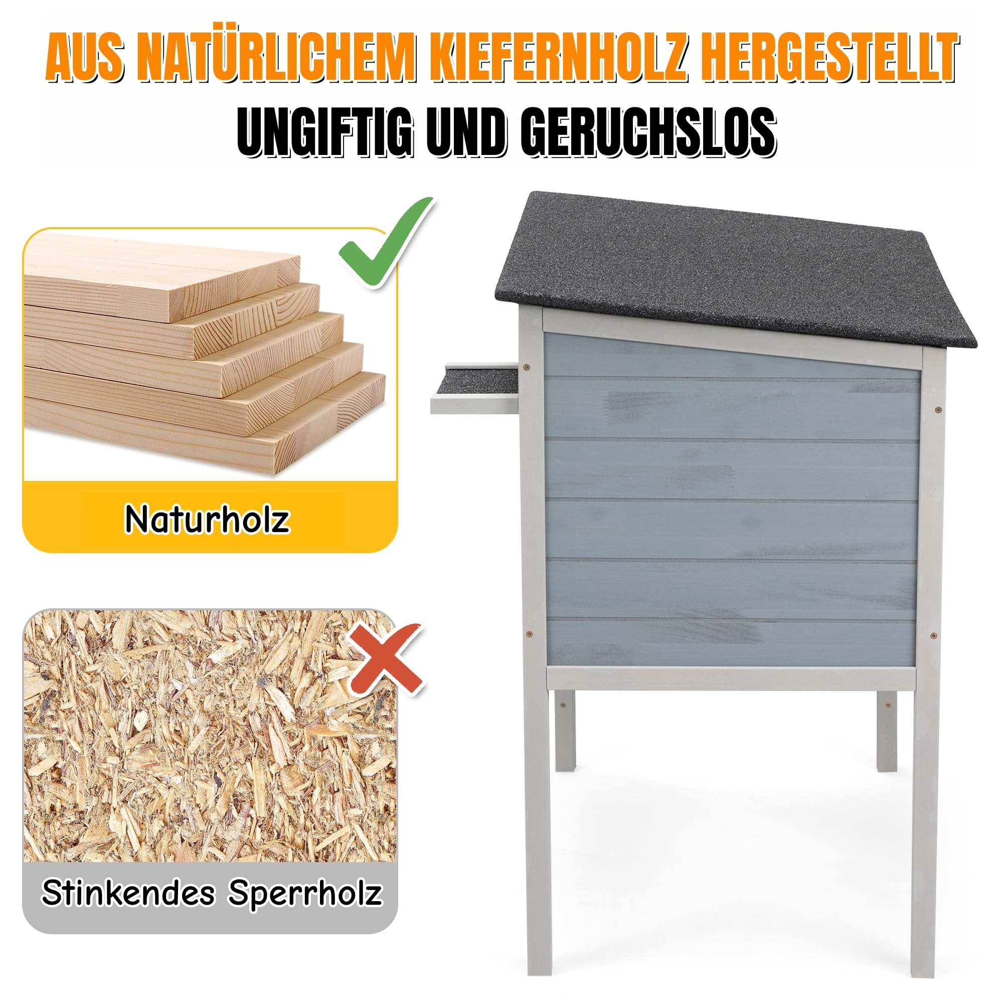 isoliertes Katzenhaus Outdoor Winterfest mit hohen Beinen – Grau mit Buntem Design, Holz Haustierhaus wetterfest mit PVC-Türvorhang, Wärmedämmung & aufklappbarem Dach für Katzen und Kleintiere