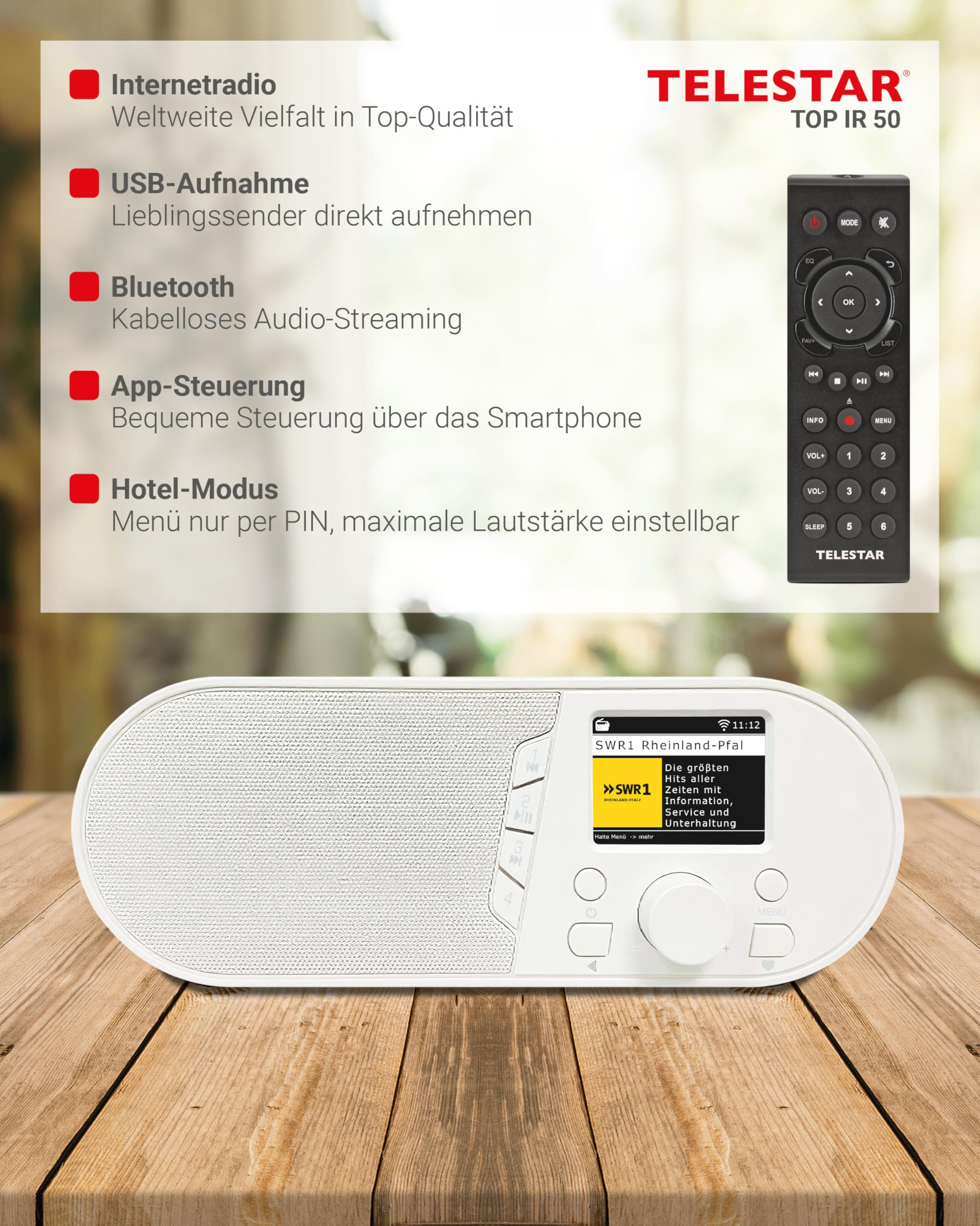 TELESTAR TOP IR 50 – Internetradio, Bluetooth Audio-Streaming – Weiß | 7 W, USB-Aufnahmefunktion, Stationstasten am Gerät, Dimmfunktion, Nachtmodus, Hotelmodus, Fernbedienung