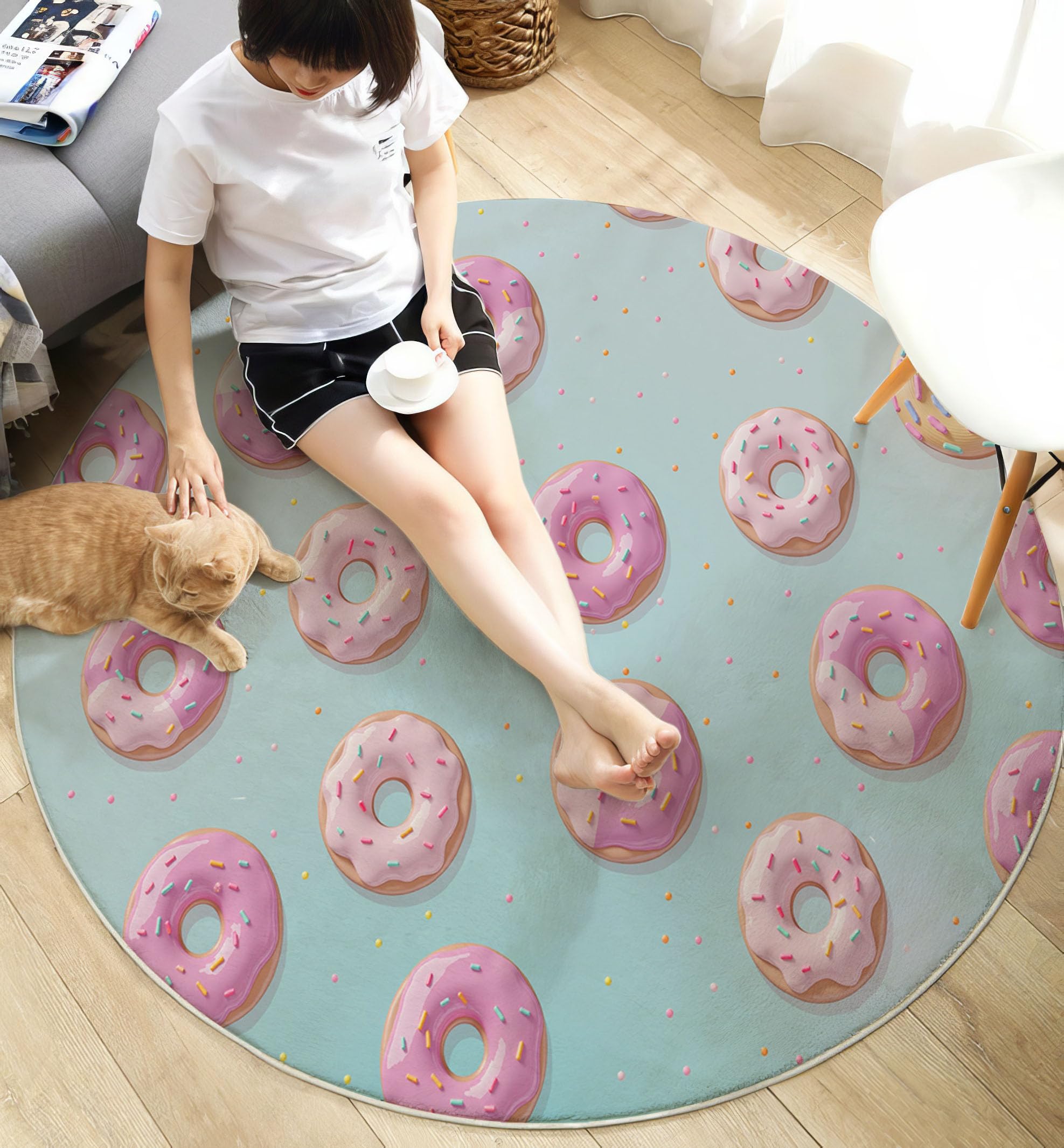 Süß Und Verspielt Teppich Rund 150cm, Donuts Zuckerstreusel Teppich rutschfest Waschbar, flauschig robust Rosa Teppiche, Für Schlafzimmer Wohnzimmer Kinderzimmer Spielzimmer