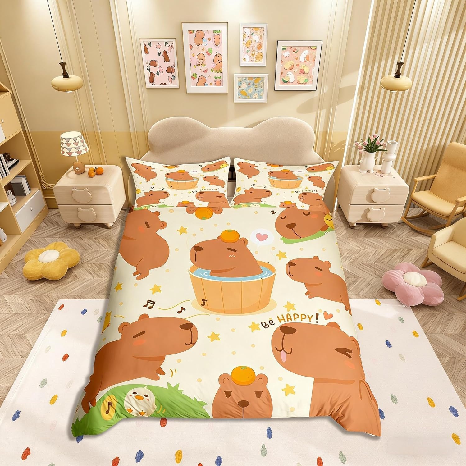 Homemissing Cartoon Capybara Bedding Set Brown Capybara Comforter Cover Funny Cute Capybara Duvet Cover for Kids Boys Girls Floral Capybaras Bedspread Cover Decor Durable Quilt Cover King