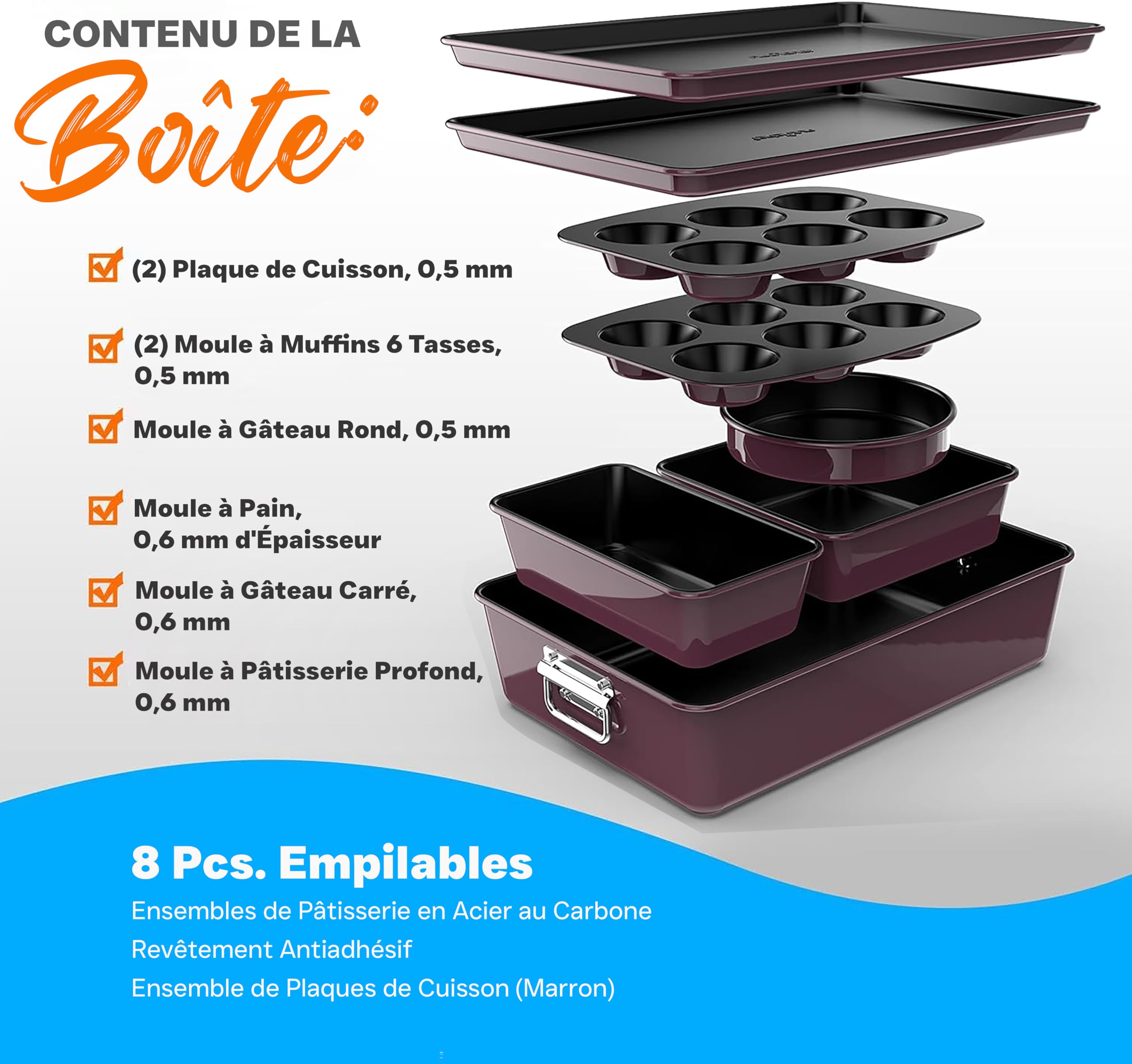 NutriChef Ensemble de Moules à Pâtisserie Antiadhésifs Empilables en 8 Pièces - Ensemble de Plaques de Cuisson Sans PFOA, PFOS, PTFE avec Revêtement Antiadhésif- Kit de Pâtisserie (Prune)