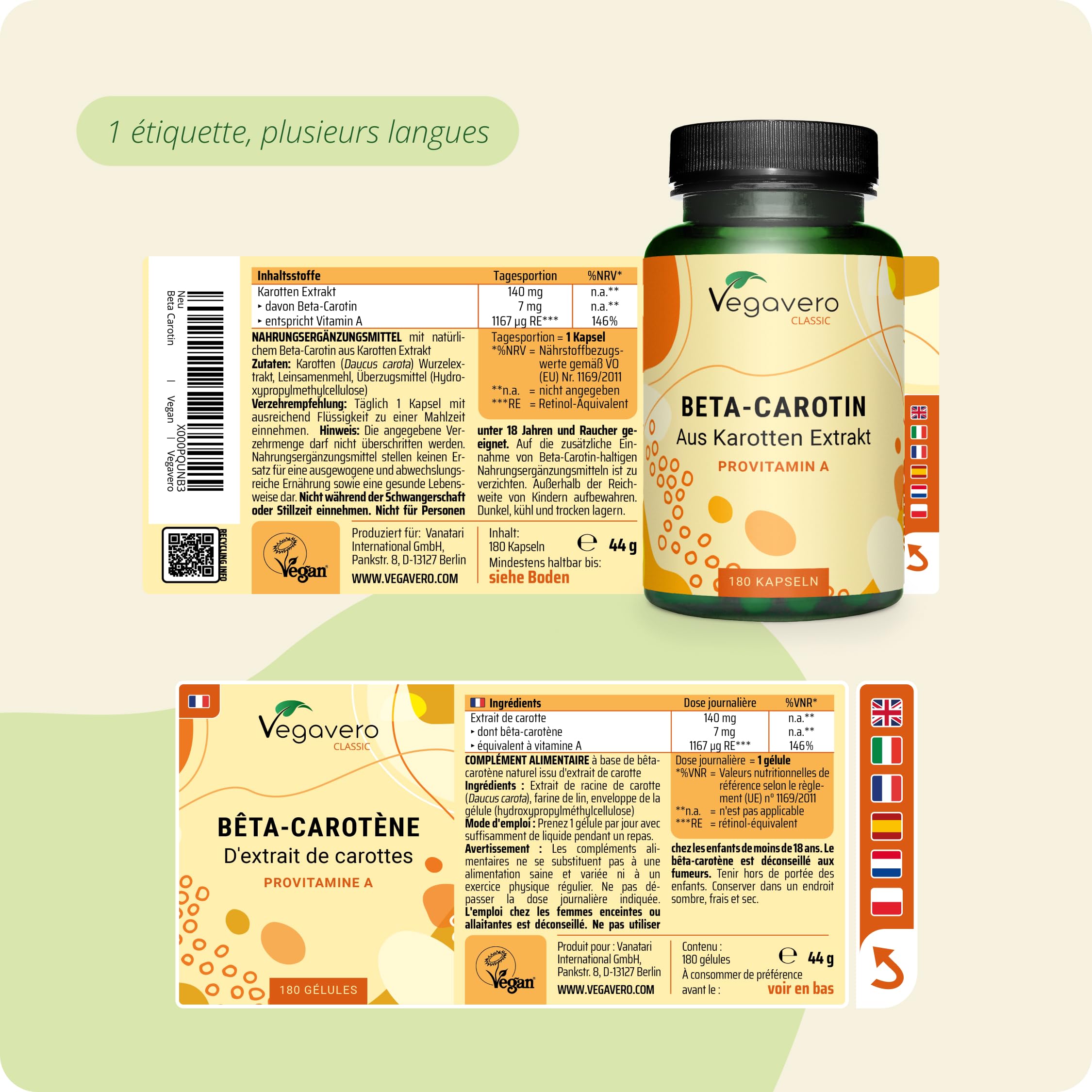 Bêta Carotène Vegavero® | 100% NATUREL & Vegan | Sans Additifs | Bronzage & Protection Peau | Extrait de Carotte Avec Vitamine A | 180 gélules (6 mois)