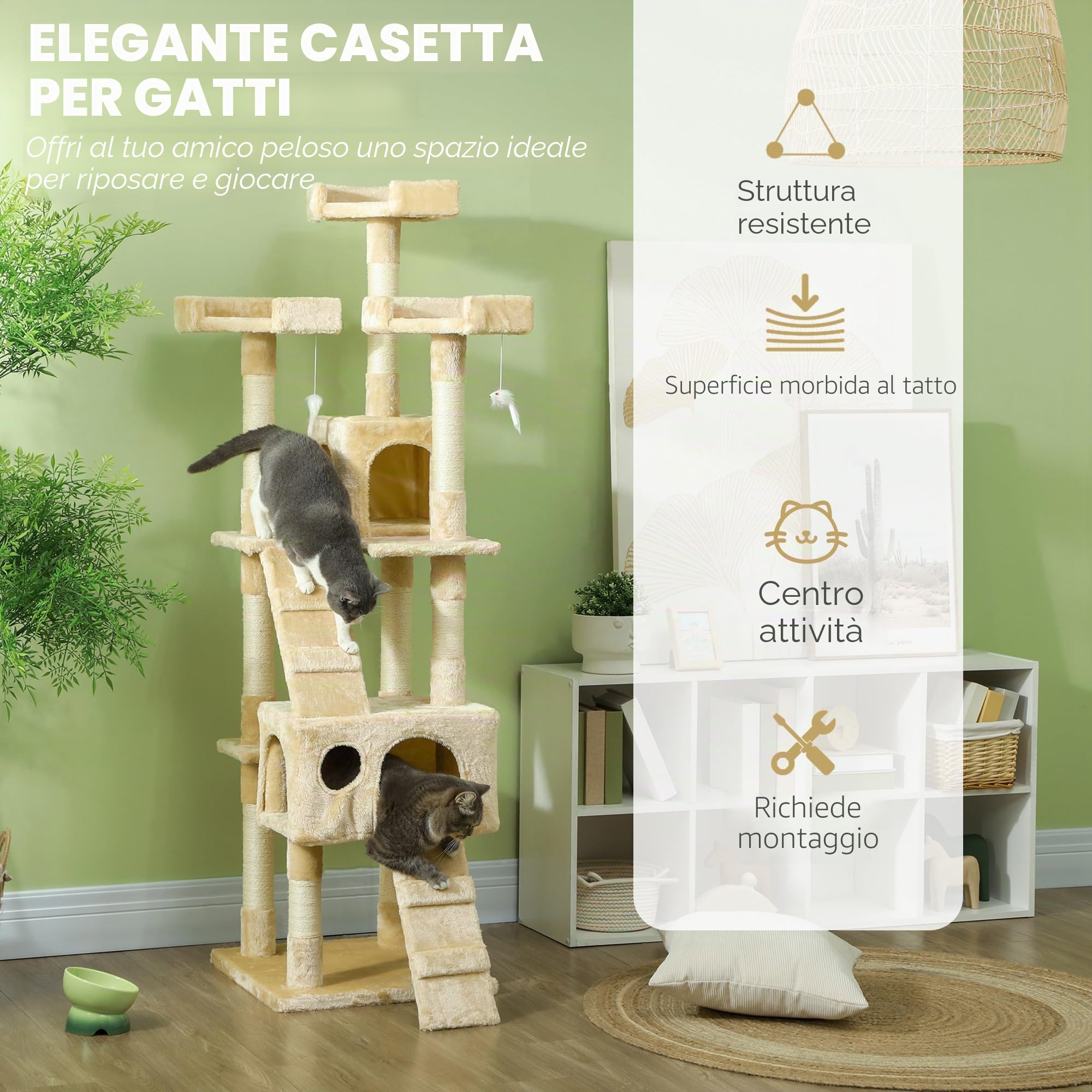 Albero tiragraffi per Gatti, 50 x 50 x 170 cm, per Dormire, Giocare, Centro attività, graffiare, Colore: Grigio Neutro (Beige)