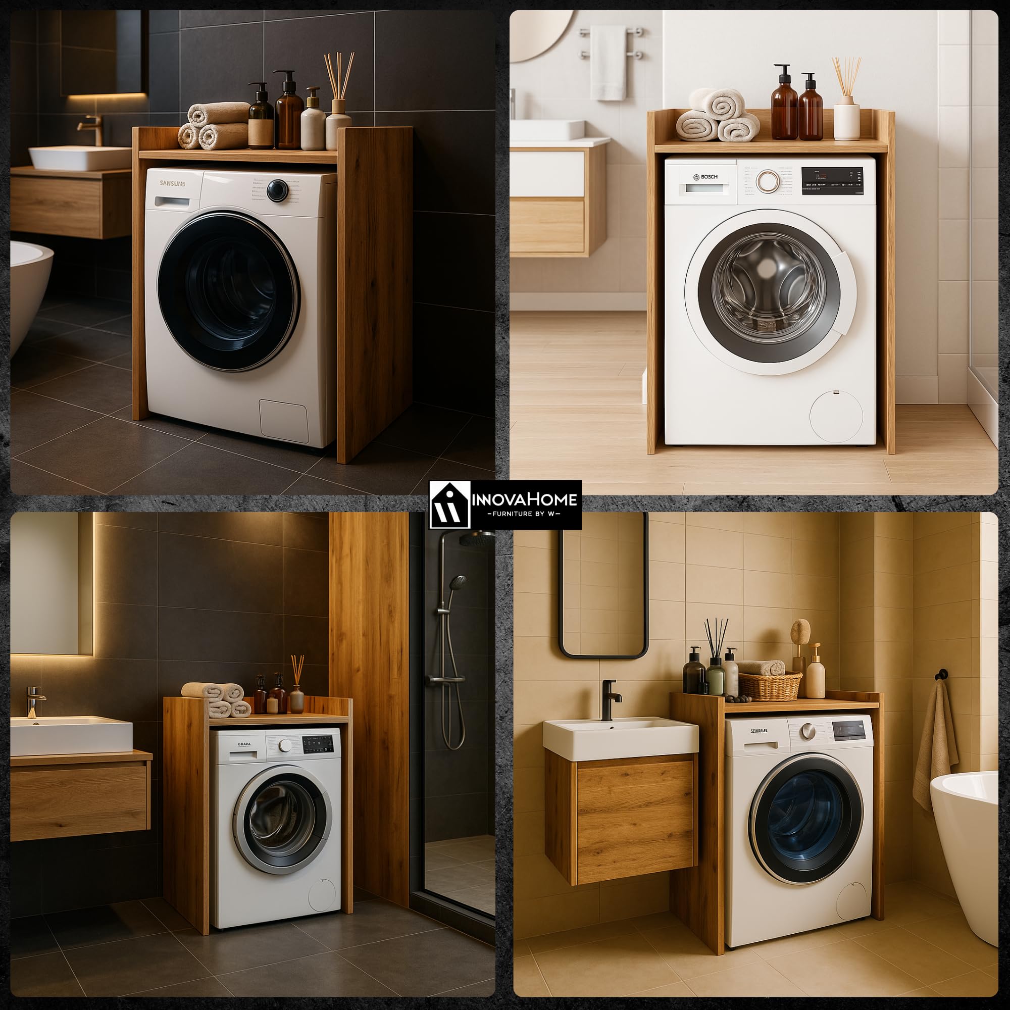 INNOVAHOME Armoire Machine a Laver, Meuble Machine à Laver et Sèche-Linge, Meuble Lave Linge avec Étagère de Rangement, Cache Supérieur sans Perçage - Chêne Wotan 66x97x62cm