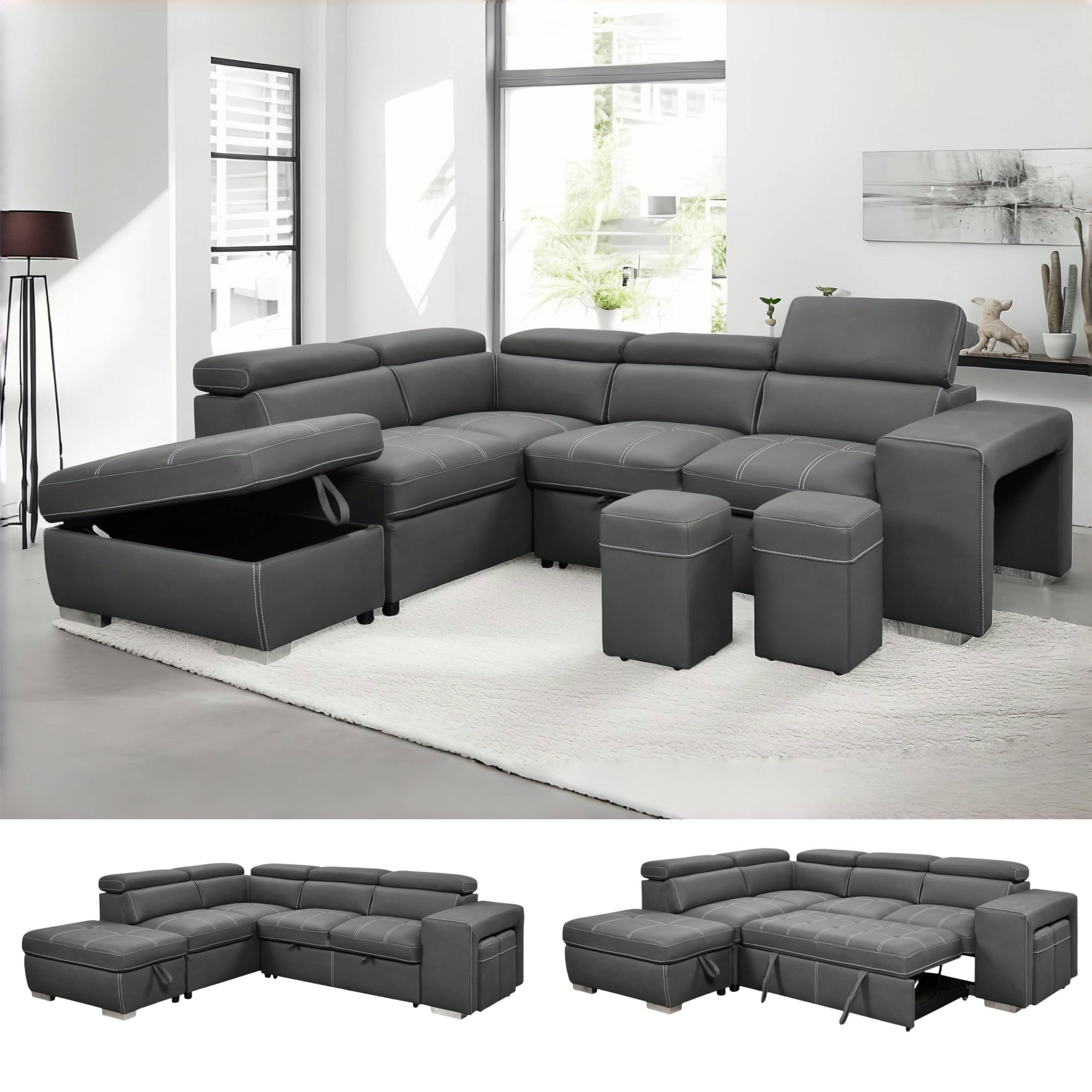 THSUPER 104'' Microfiber L Shaped Sectional Sleeper Sofa Couch with Pull Out Bed and Storage Ottoman, Left Facing Chaise, Charcoal Grey
