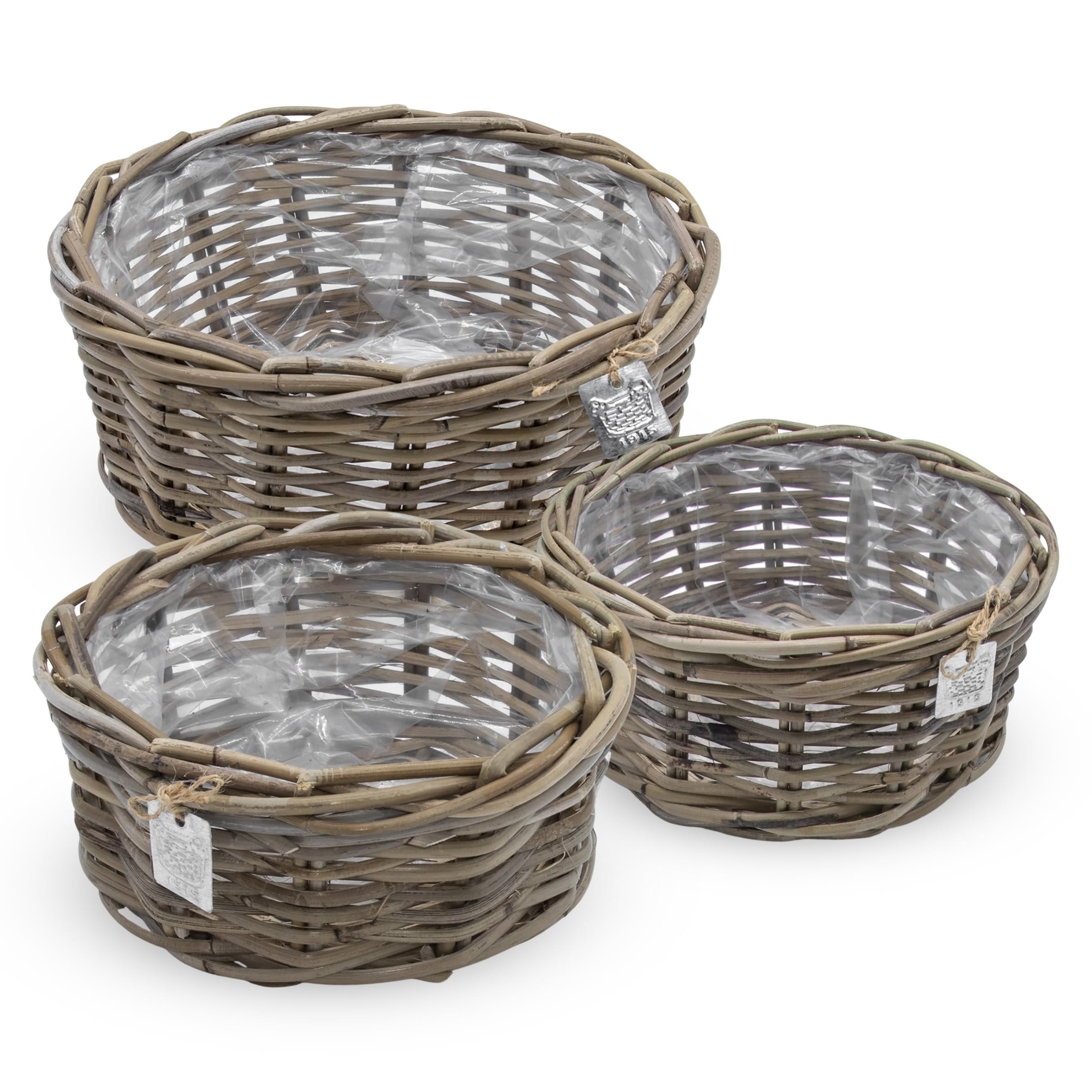 Spetebo Lot de 3 pots de fleurs en rotin - 30/26/21 cm - Pot de fleurs doublé d'un film - Décoration de jardin - Panier à fleurs tressé pour fleurs