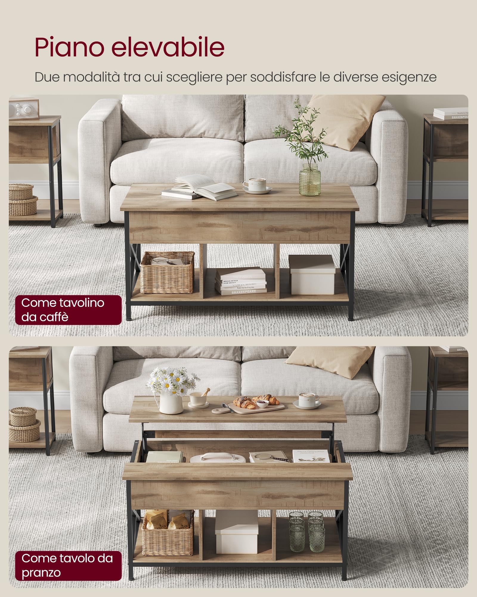 VASAGLE Tavolino da Caffè Tavolino da Salotto con Piano Sollevabile, Tavolino con Spazio di Organizzatore Aperto e Nascosto, Barre a X, 60 x 100 x (48-62) cm, Marrone Cammello e Nero LCT205K50