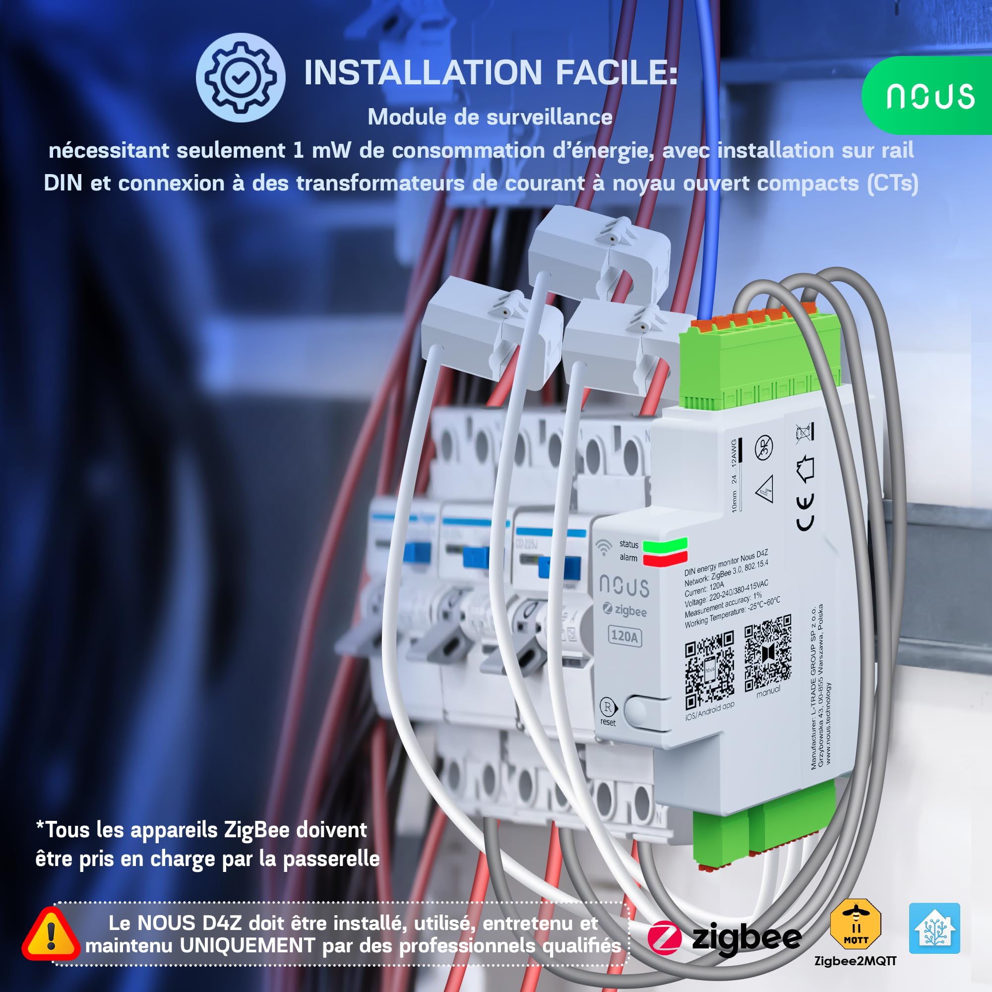 NOUS Zigbee Compteur d'Énergie Smart DIN 120A, Surveillance de la Consommation Électrique en Temps Réel, Compatible avec Alexa et Google Home, Installation sur Rail DIN