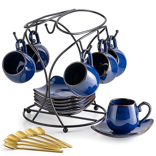 LYEOBOH 3oz Espresso Cups with Saucers, Small Coffee Cups Set of 6 with Spoons and Metal Stand, Ceramic Cute Demitasse Cups for Housewarming Wedding Gift, Cobalt Blue
