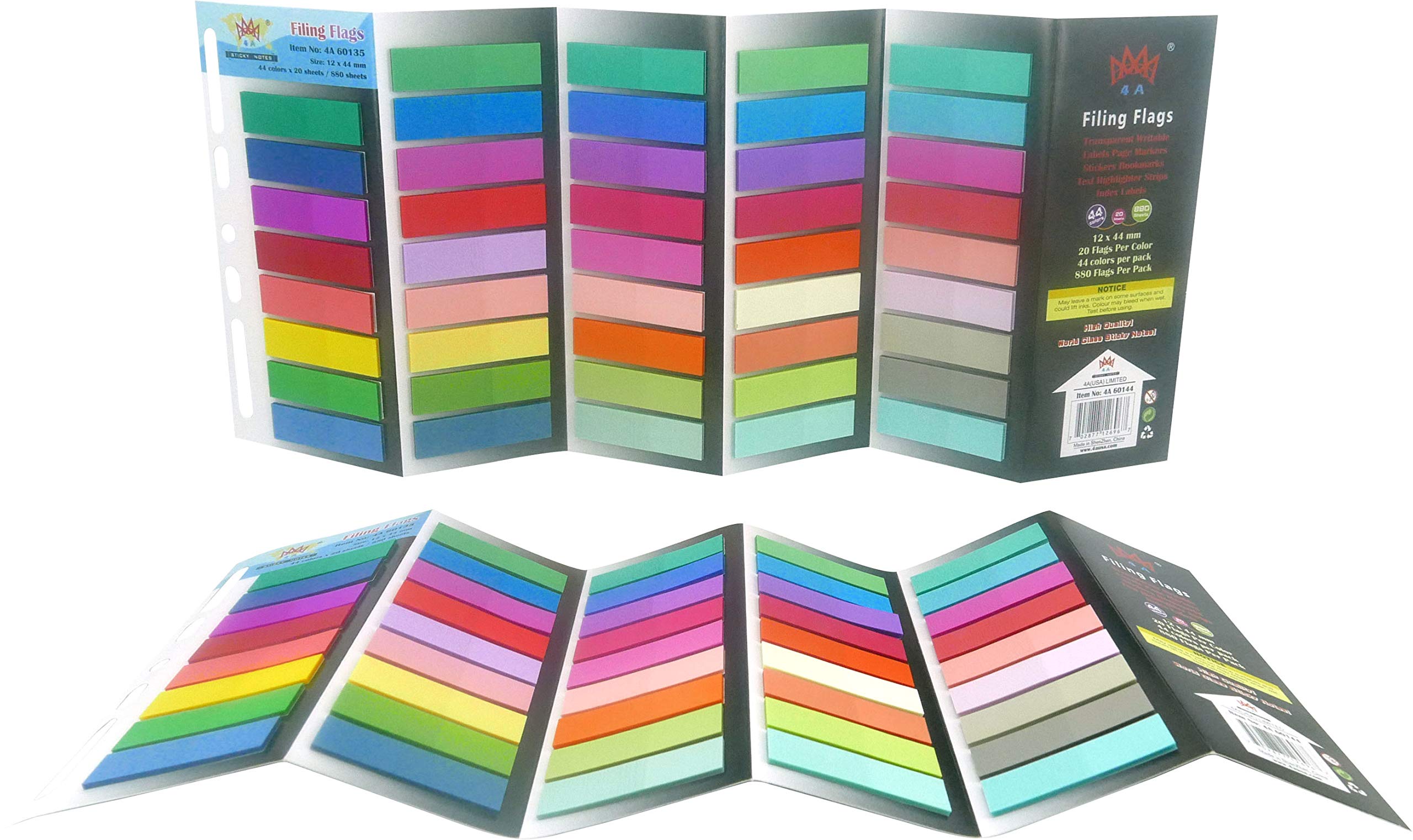 4A Zestaw flag samoprzylepnych, 44 różne kolory, znacznik stron, fluorescencyjna etykieta indeksu kolorów, przezroczyste zakładki flagi, paski tekstowe, etykiety do zapisywania 12 x 44 mm, łącznie