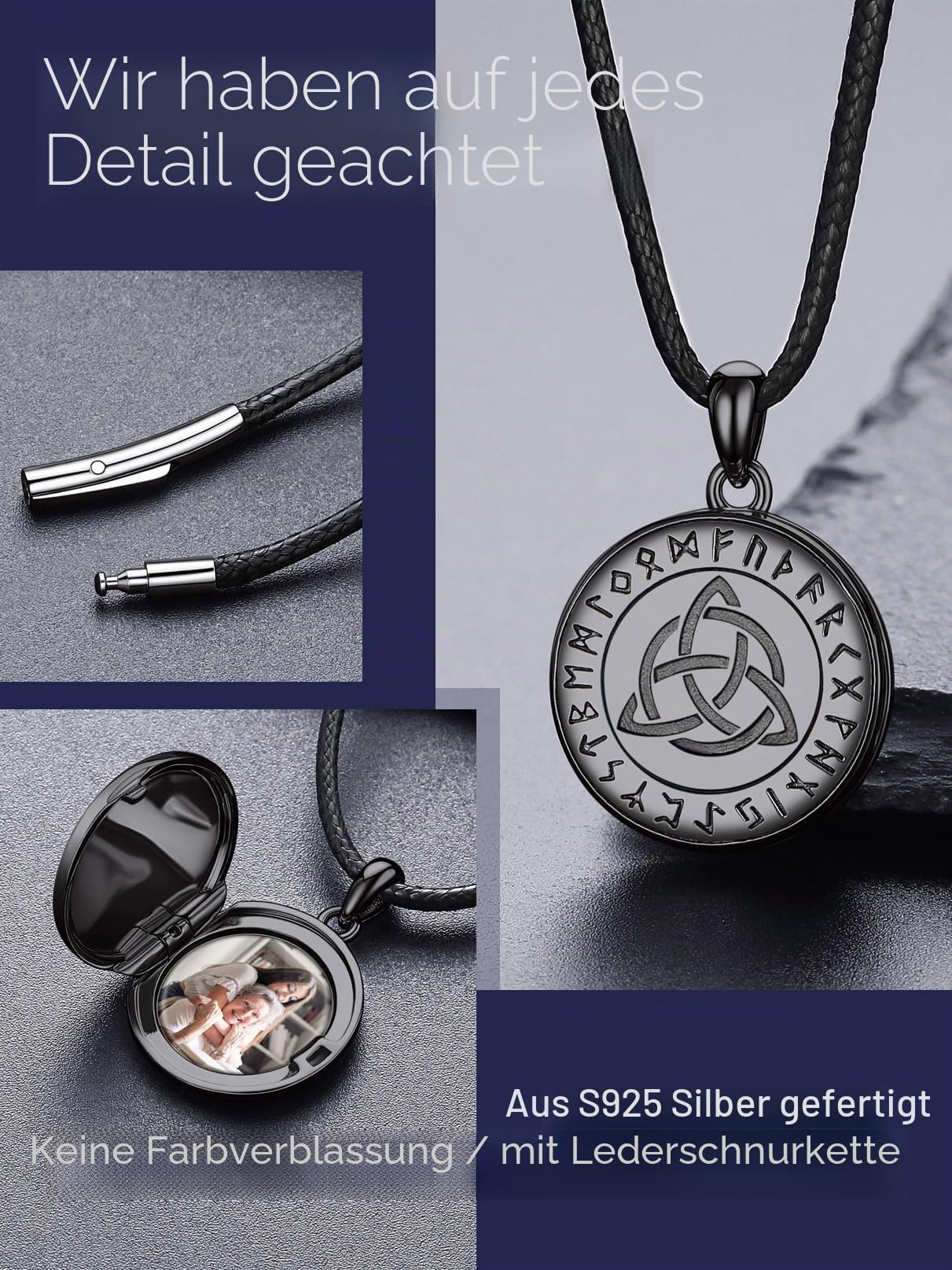 Bandmax Damen Herren Medaillon zum öffnen für Bilder Halskette 925 Sterling Silber Fotokette mit Anhänger Lederkette mit Bilder Rund Kettenanhänger Amulett Souvenir Schmuck für Frauen Mutter Freundin