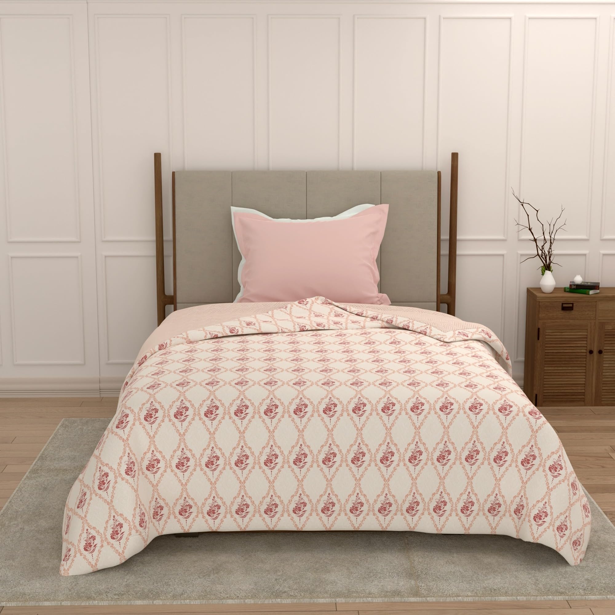 Raymond Home Dohar Single Bed 100% Cotton|180 TC 150 x220 cm Quilt Cooling Blankets for Monsoon | AC Comforter Single Bed | Pink & White, Floral Duvet | All-Season Blanket-image-40