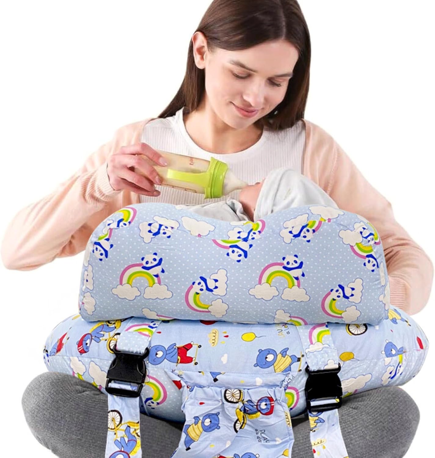 RELY+ Wheelybear Sky Blue Adjustable Nursing Pillow Detachable 100% Cotton Cover | Perfect Support with Plush Polyester Fill | Comfortable for Moms & Babies