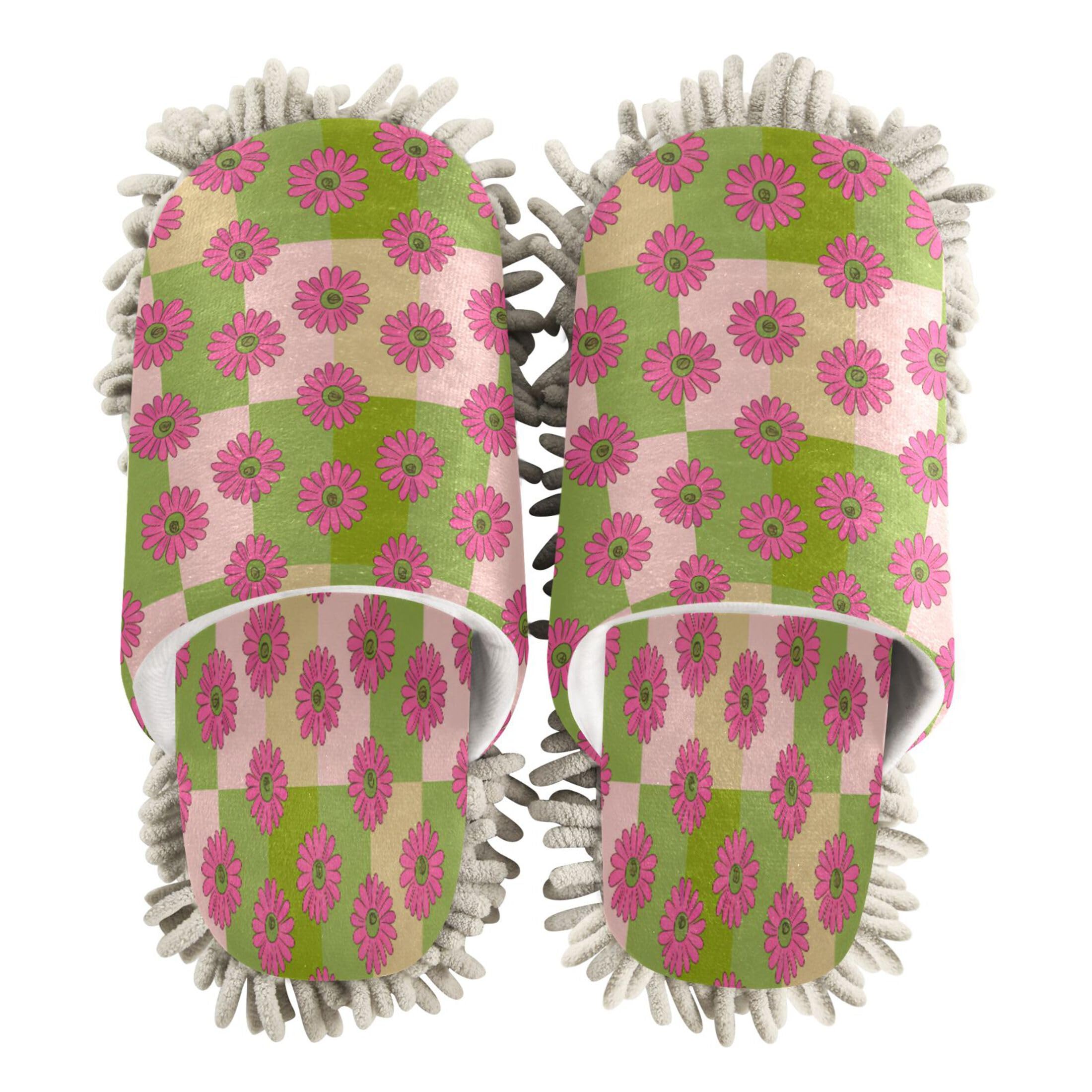 Kigai Flowers on Checkerboard Mop Slippers for Floor Cleaning, Slippers for Women Men, Microfiber Floor Cleaning, L