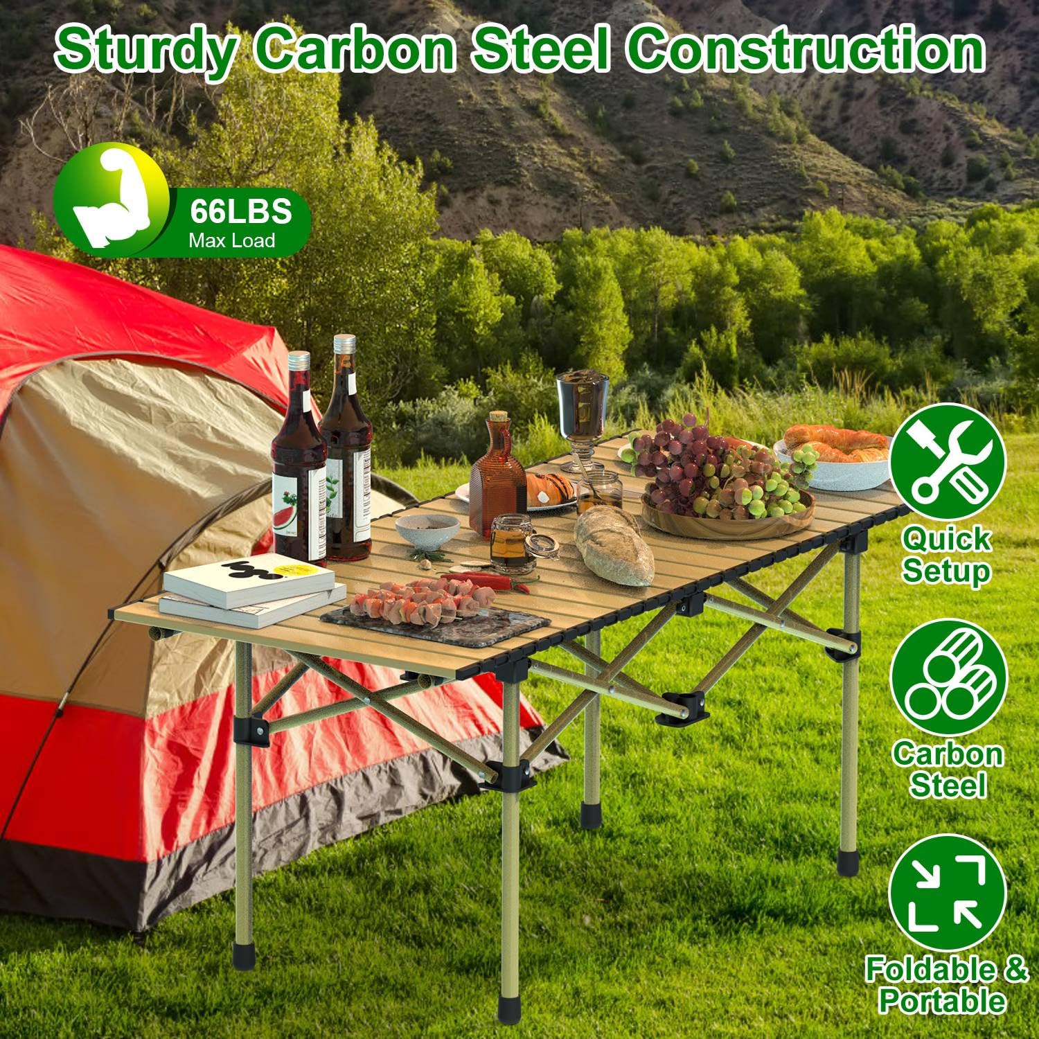 Folding Camping Table - Carbon Steel, Portable With Carry Bag, Fits 4-6 People, For Picnic, BBQ, Beach, Patio