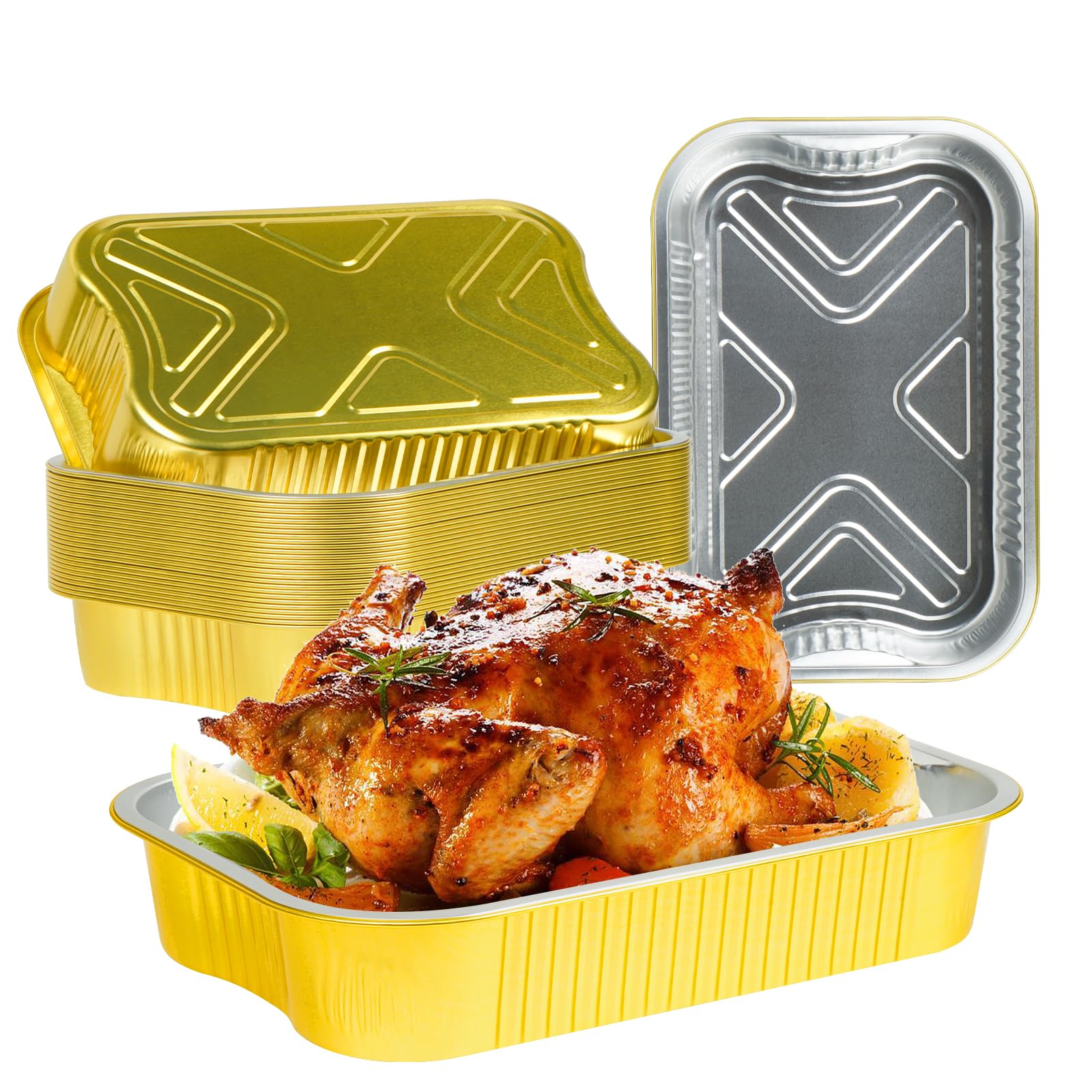 Paquete de 30 sartenes de aluminio de tamaño medio de 9 x 13 pulgadas, extra resistentes, desechables, de papel de aluminio dorado, contenedor de alimentos de doble grosor para hornear,