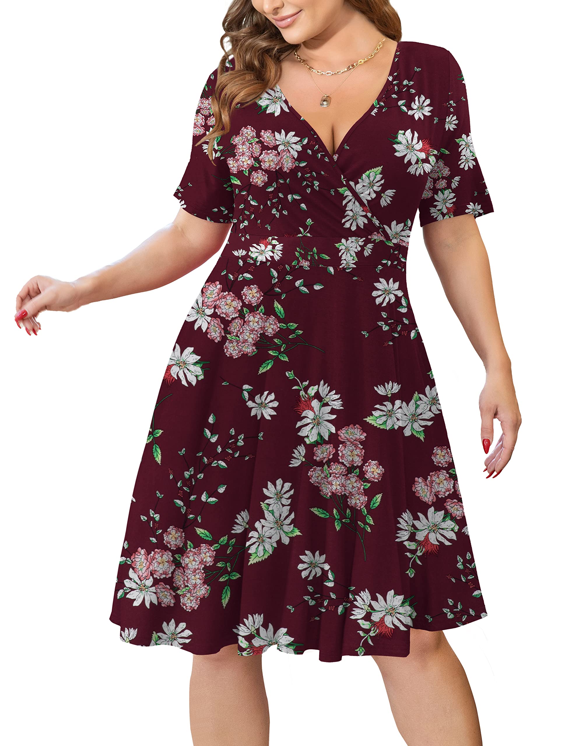 Ahlaray Womens Plus Size Dresses Short Sleeve Faux Wrap Causal Swing Dress with Pockets, L-4XL