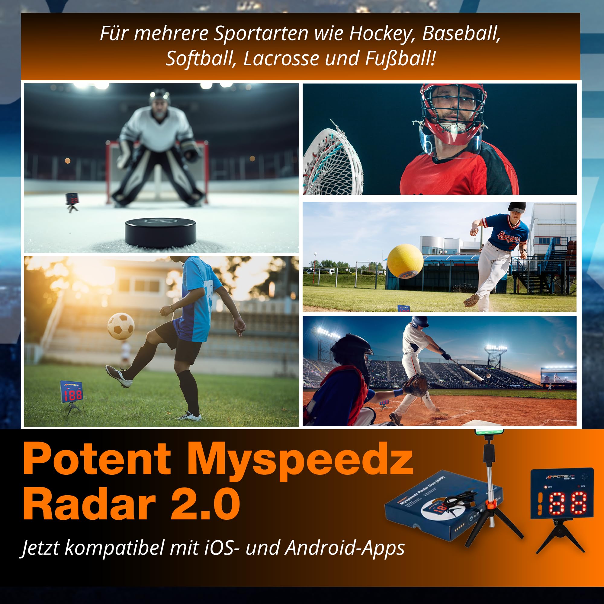 Potent Hockey, Fußball & Racket Ball Speed Radar Gun – Präzises Geschwindigkeitsmessgerät – Tragbar & wiederaufladbar – Für Android & iOS – Ideal für Eishockey, Fußball & Racket Ball