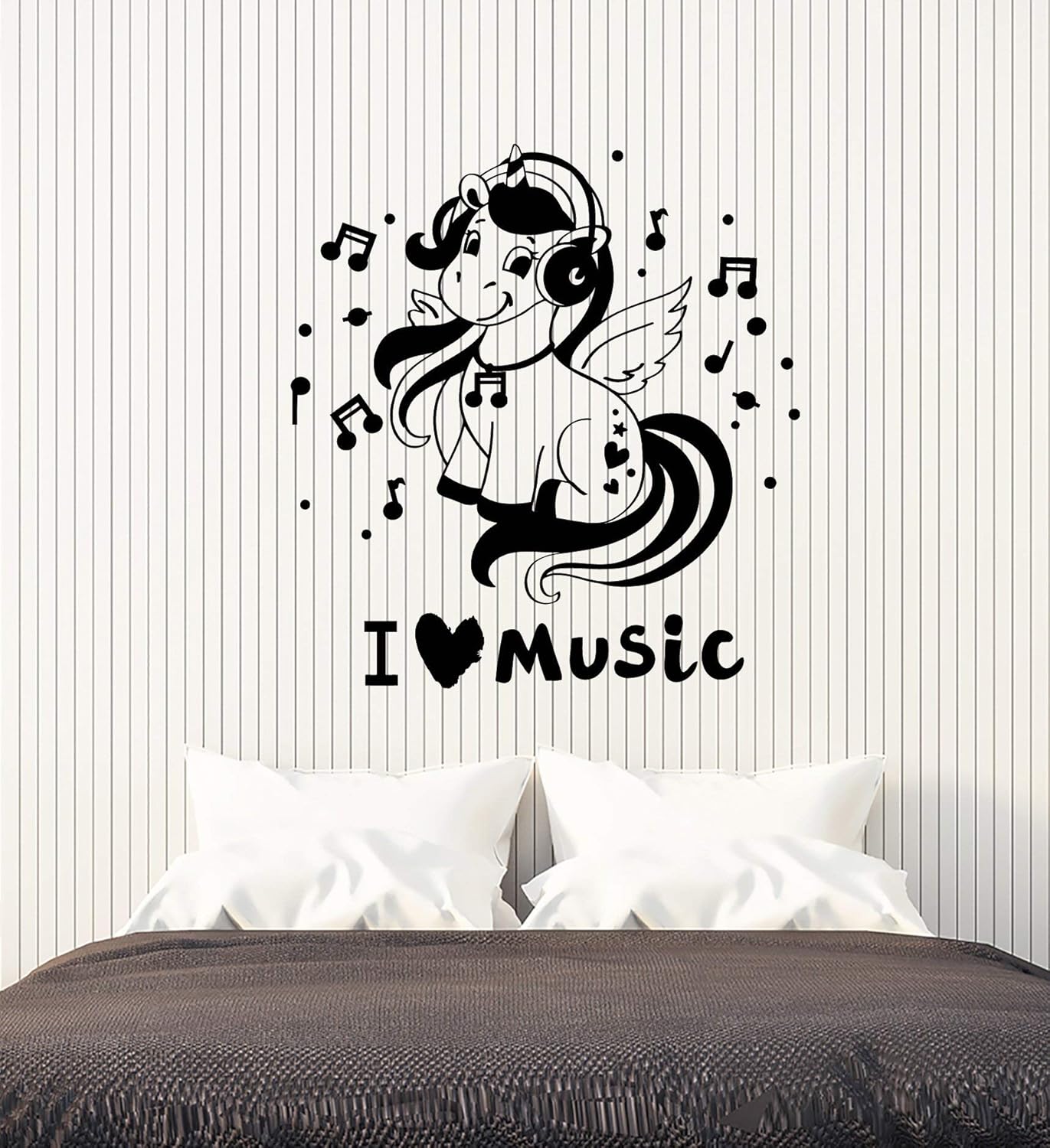 WallStickers4ever Vinyl Wall Decal Letter I Love Music Unicorn Headphones Kids Girl Room Stickers Mural Large Decor (g1564) Black