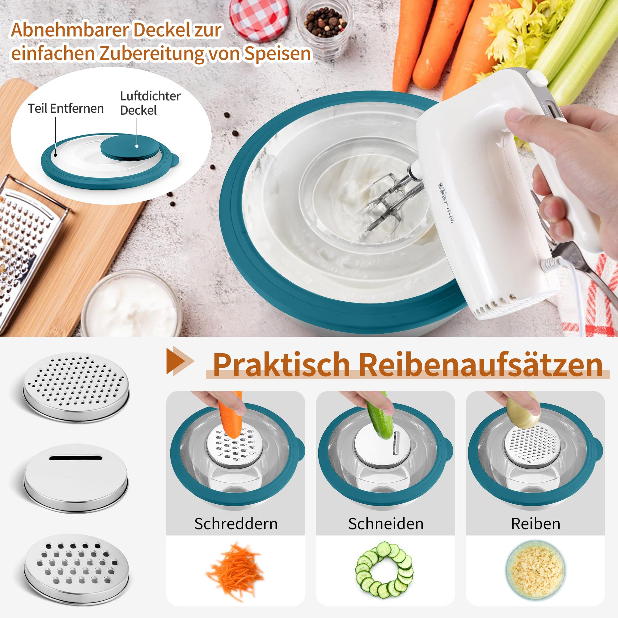 Joyfair Juego de 6 cuencos de acero inoxidable con tapa transparente y 3 accesorios para rallador, 4,5 L, 2,7 L, 2 L, 1,5 L, 1,2 L, 0,7 L, ensaladera para cocinar, apilable y apto para lavavajillas