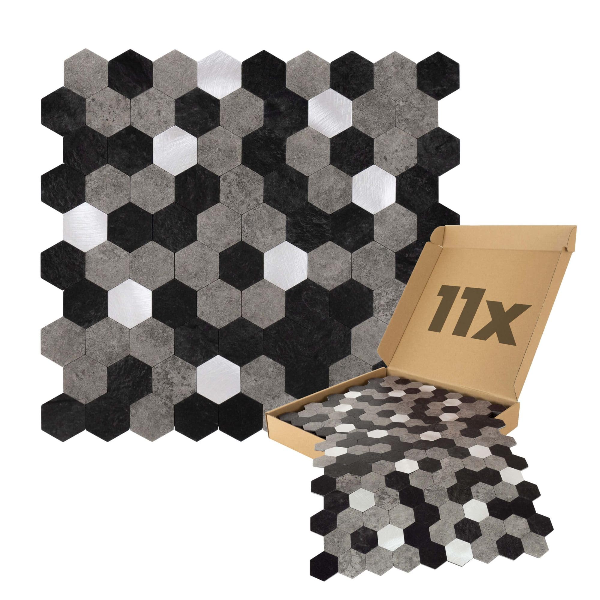 Paneles de pared autoadhesivos con patrón hexagonal, 0,88m², 11 piezas, paneles de pared negros, grises y plateados, resistentes a la humedad,para baño y cocina