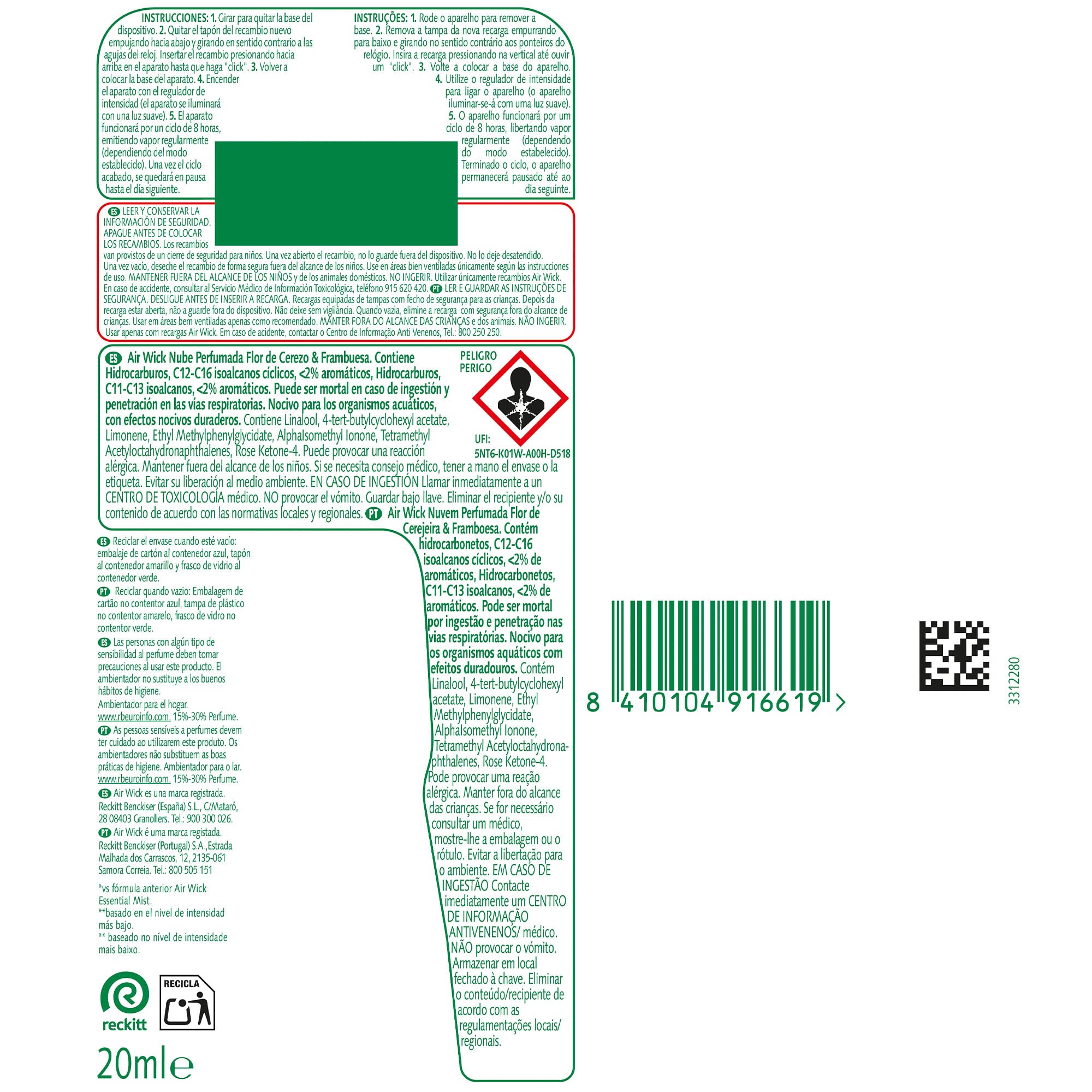 Air Wick Essential Mist - Recambio de Ambientador Difusor de Aceites Esenciales con Aroma a Flor de Cerezo & Frambuesa, 12 x 20ml