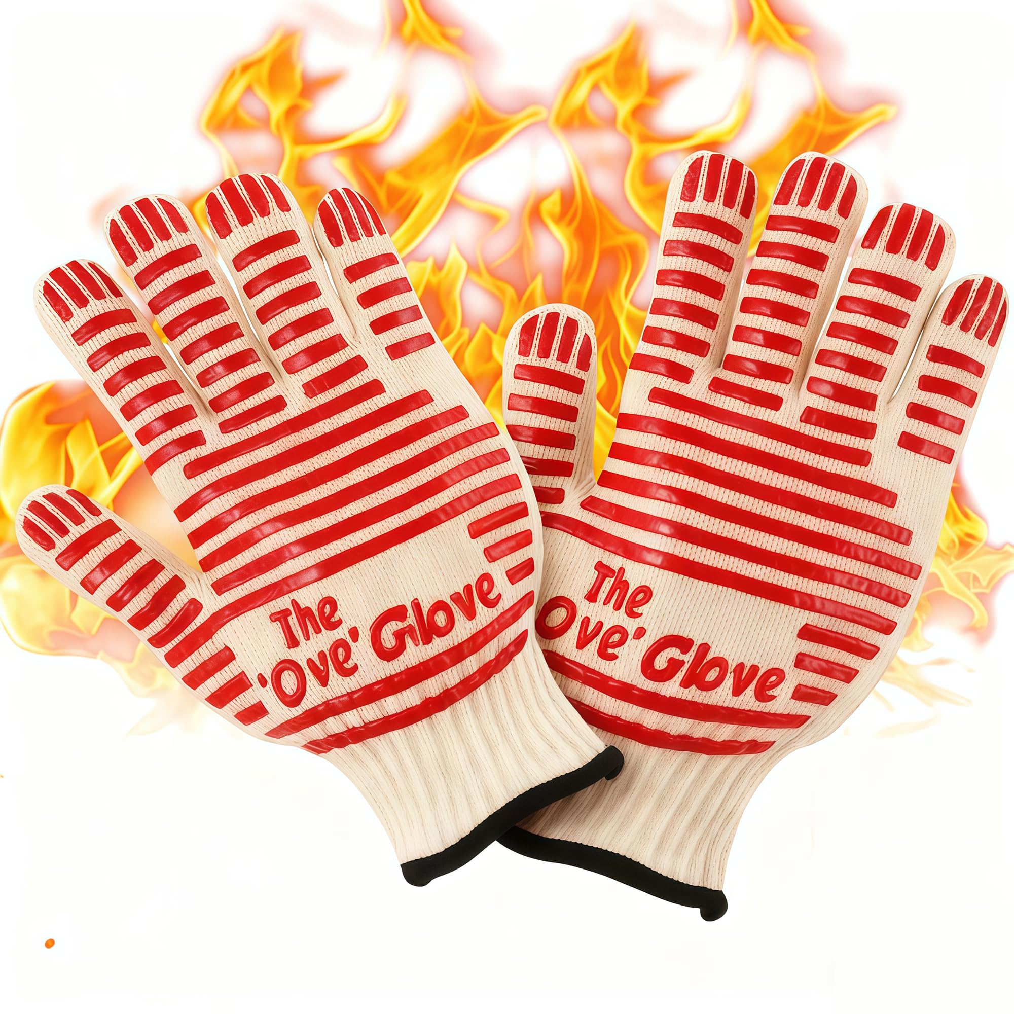 Zhihehui Men's Red 2-Pack Striped Short Gloves Heat Resistant Fire Resistant Oven Gloves Hand Protection Grill Gloves, Revolutionary 932°F Extreme Heat For Grill, Oven, Cooking, Soldering (Red)