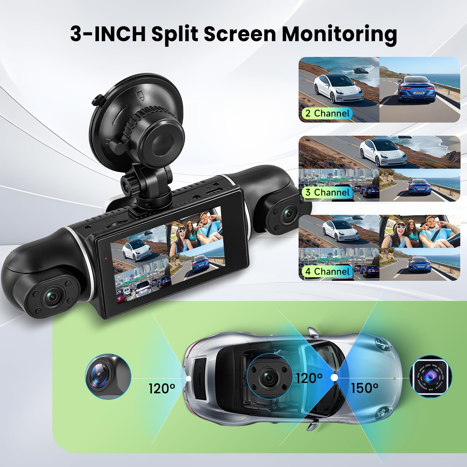 Hodozzy 2K WiFi 4 Canaux Dashcam Voiture, Contrôle Via App Dash Cam Caméra avec Enregistrement en Boucle, Caméra Embarquée 3 Pouces avec Vision Nocturne, Capteur G, Image Miroir, Assistance Arrière