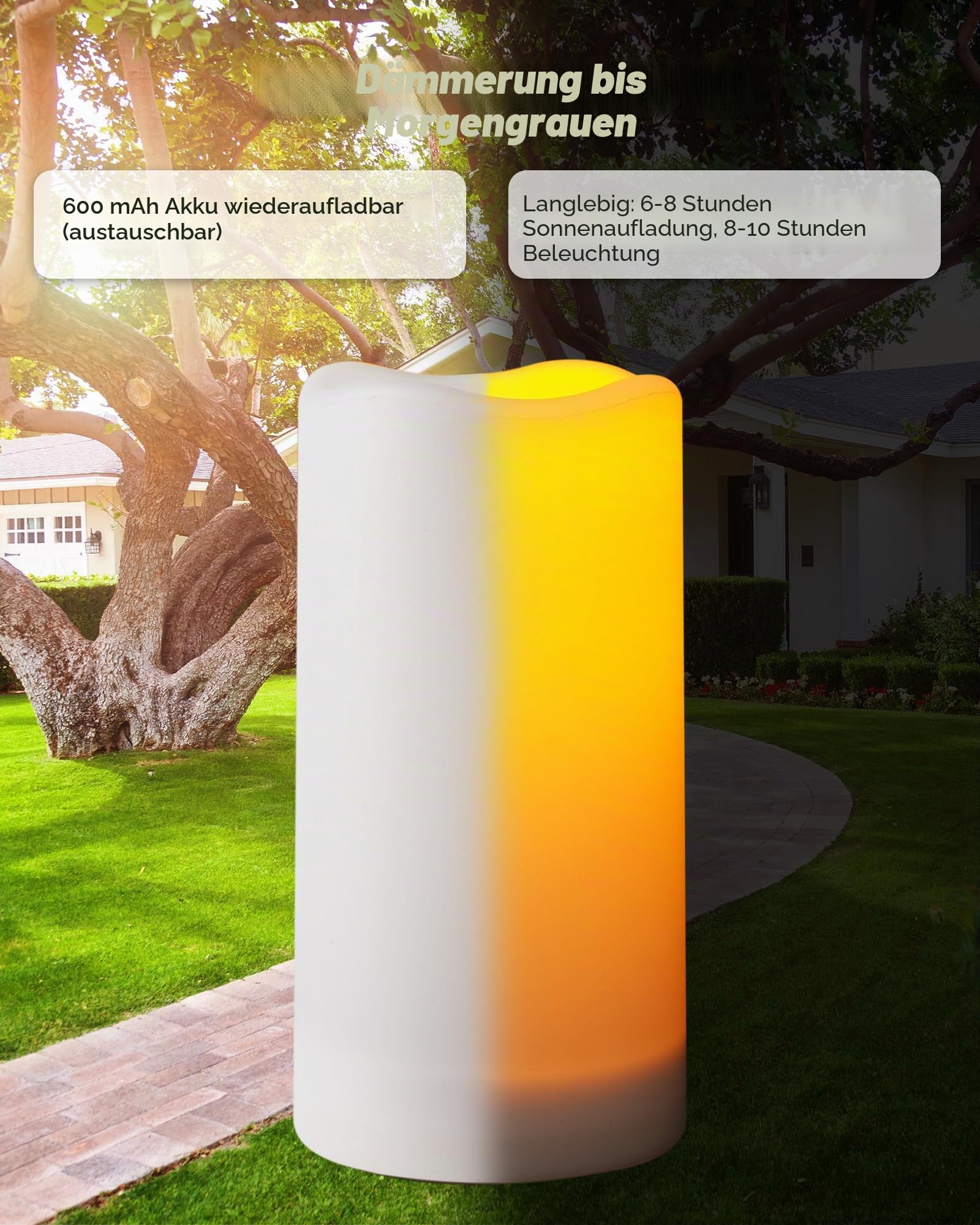 Homemory SolarKerzen für den Außenbereich, Wasserdicht, Wiederaufladbare Kerzen, Solarbetriebene Flammenlose Kerzen für Draußen, nur Sensor, Dämmerung bis Morgendämmerung, Weiß, 3er-Set