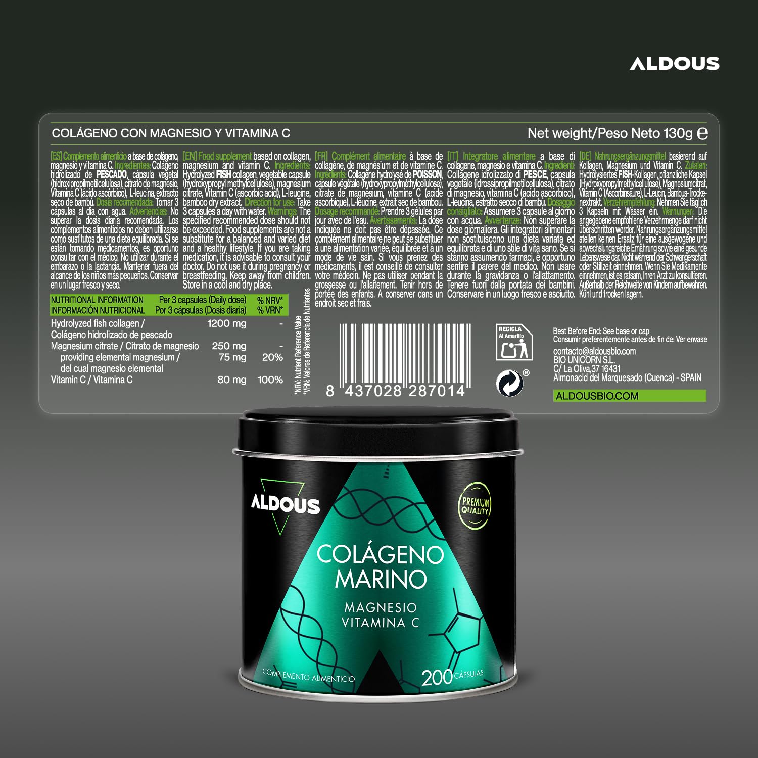 Collagene Marino con Magnesio e Vitamina C - 200 Capsule - Integratore Collagene Bellezza e Benessere - Pelle, Capelli e Unghie - Anti Age - Ossa, Articolazioni - Marine Collagen Naticol - ALDOUS