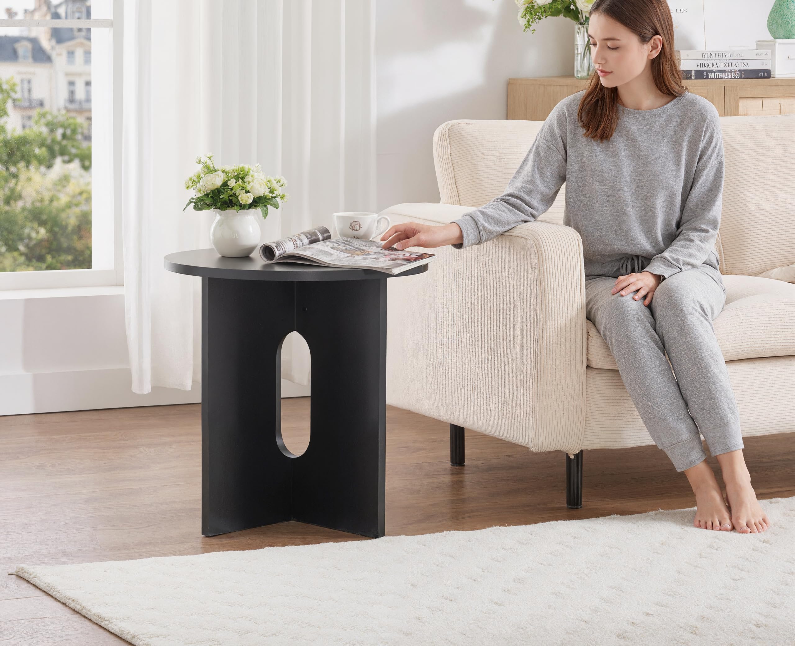 Ya-Home Beistelltisch rund, Sofatisch klein aus Holz, Schwarz