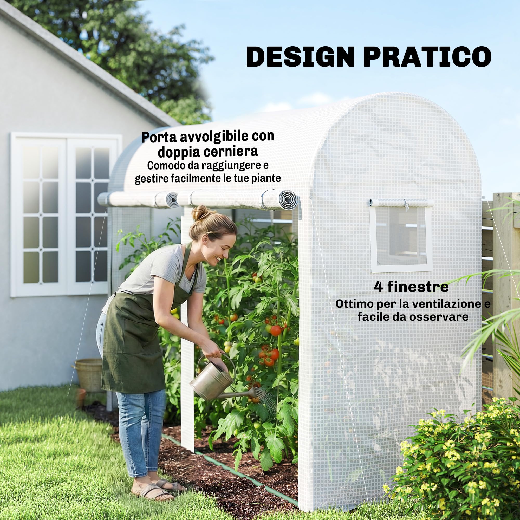 Outsunny Serra da Giardino 3x1x2m con 2 Porte Avvolgibili e 4 Finestre, Serra per Orto, Struttura Acciaio e Copertura PE, per Piante Verdure Fiori Frutta, Anti UV, Bianco