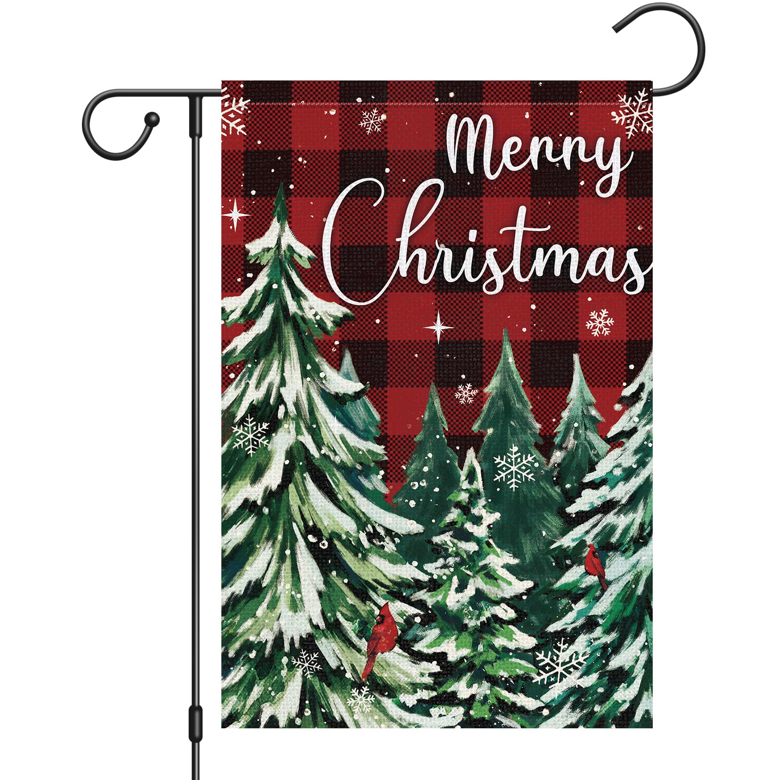 Heyfibro Merry Christmas Garden Flag Christmas Tree Yard Flag 12x18 Inch Double Sided Burlap Red Buffalo Plaid Retro Snowflake Banner for Winter