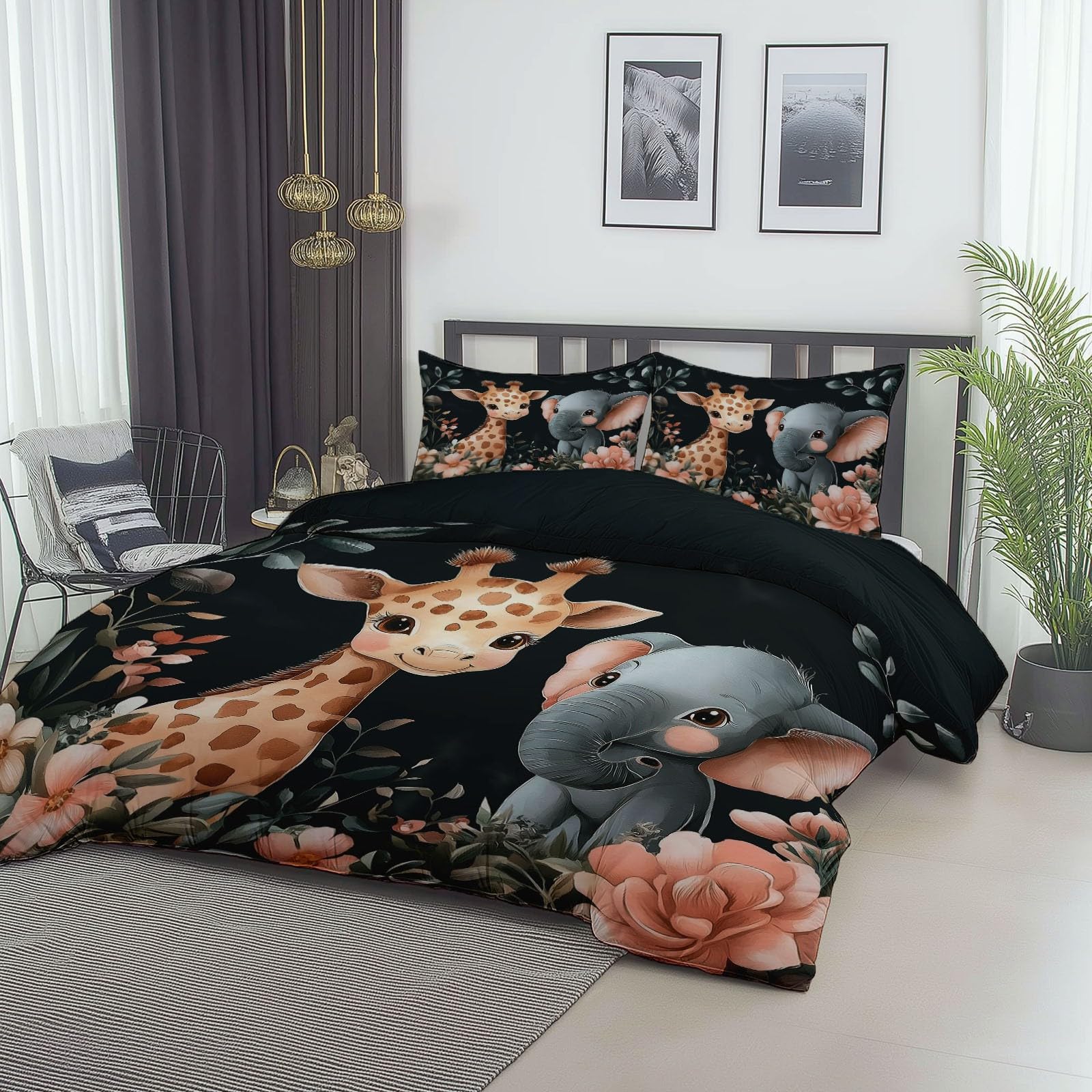 Akwarela Poszwa na kołdrę Niemowlęta Zwierzęta Nadruk Zestaw pościeli z 2 poszewkami na poduszki 65x65cm Ciemnoszary Mikrofibra Dwustronna poszwa na kołdrę 220x240 cm dla dorosłych nastolatków