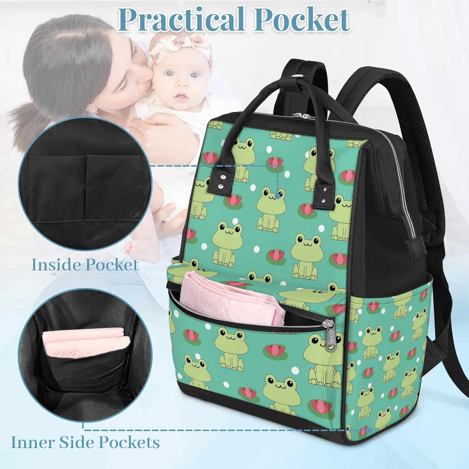 Honeybaby Mommy Bag Backpack & Tote Cute Green Frogs 19L Nappy Bag with Adjustable Straps, Easy Access Side-Zip, Handheld & Shoulder Carry, Perfect Shower Gift for New Parents image 4