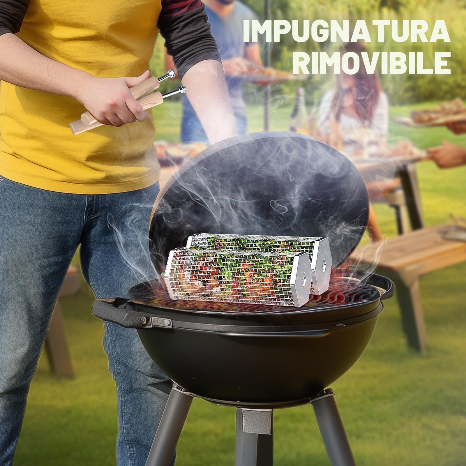 Cestello Rotolabile per Barbecue, Acciaio Inossidabile 304, Manico Rimovibile, Nidificabile, Griglia Carbonella per Esterno