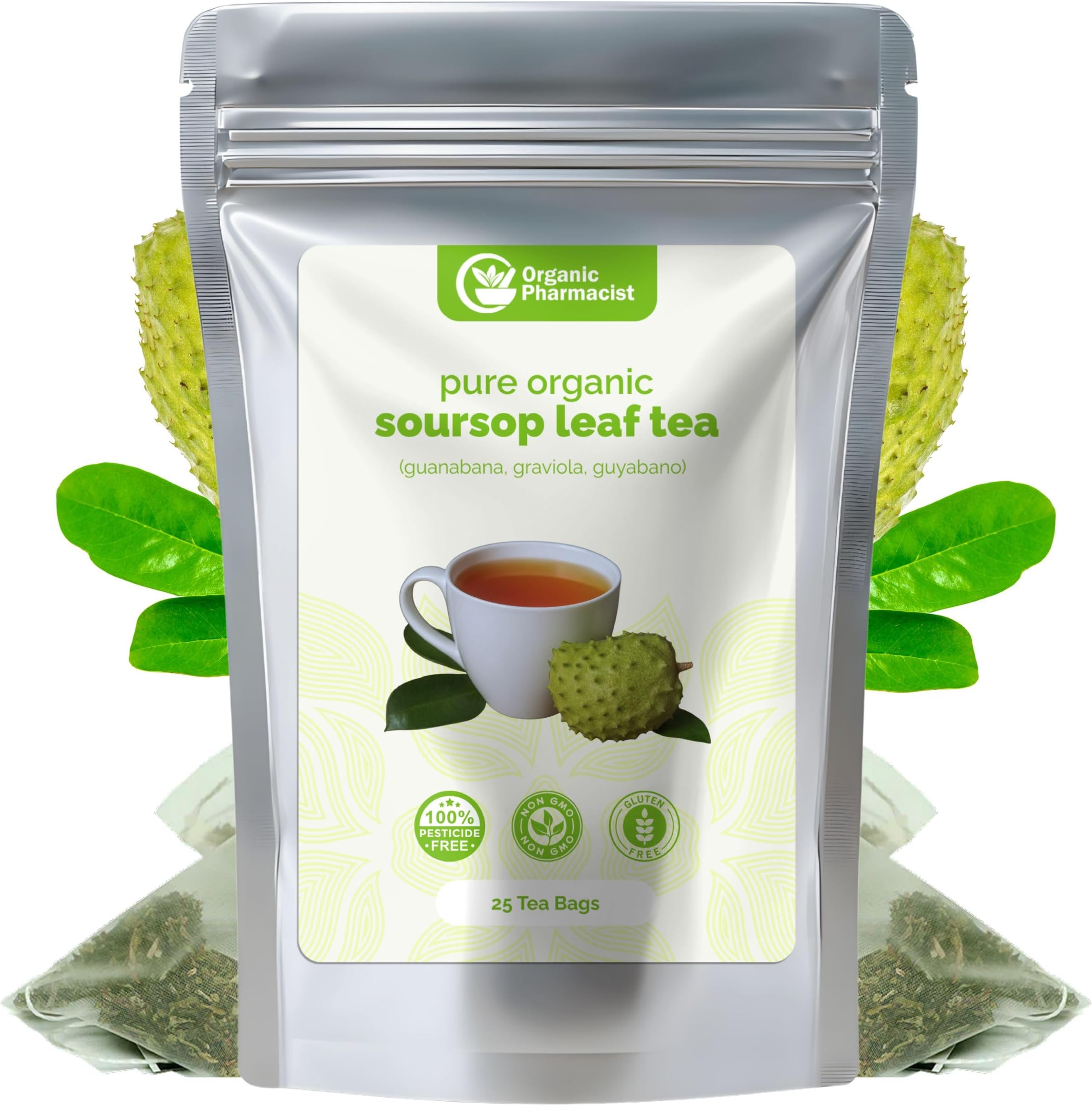 Organic Pharmacist Premium Soursop Tea Bags, Graviola Leaf Tea, Guanabana Teas, Guyabano Herbal Tea, Soursop Bitters Teas, Shredded Ground Leaves, 25 Count, New & Improved